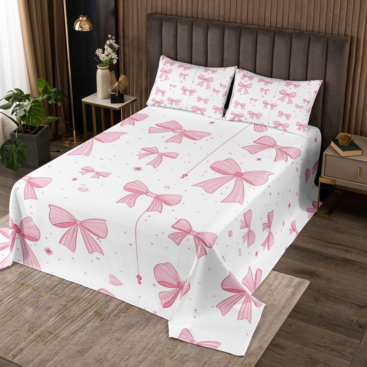 Homewish Pink Bowknot Bedspread Twin Size,Polka Dots Bedding Sets 2Pcs for Kids Girls Boys Room Decor,Bow Tie Knot Print Comforter Set Sweet Princess Style Quilt Coverlet,1 Pillowcase