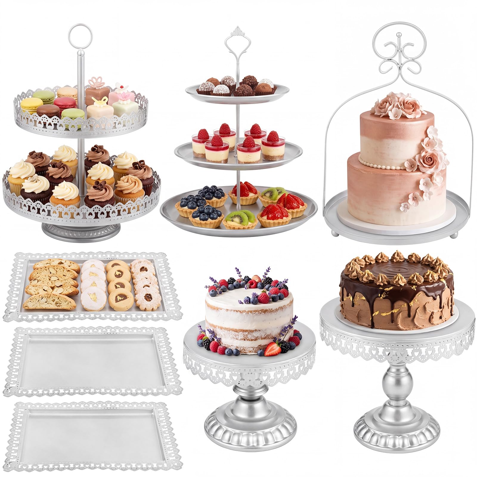 Présentoir à cupcakes à étages en métal argenté Lallisa lot de 8