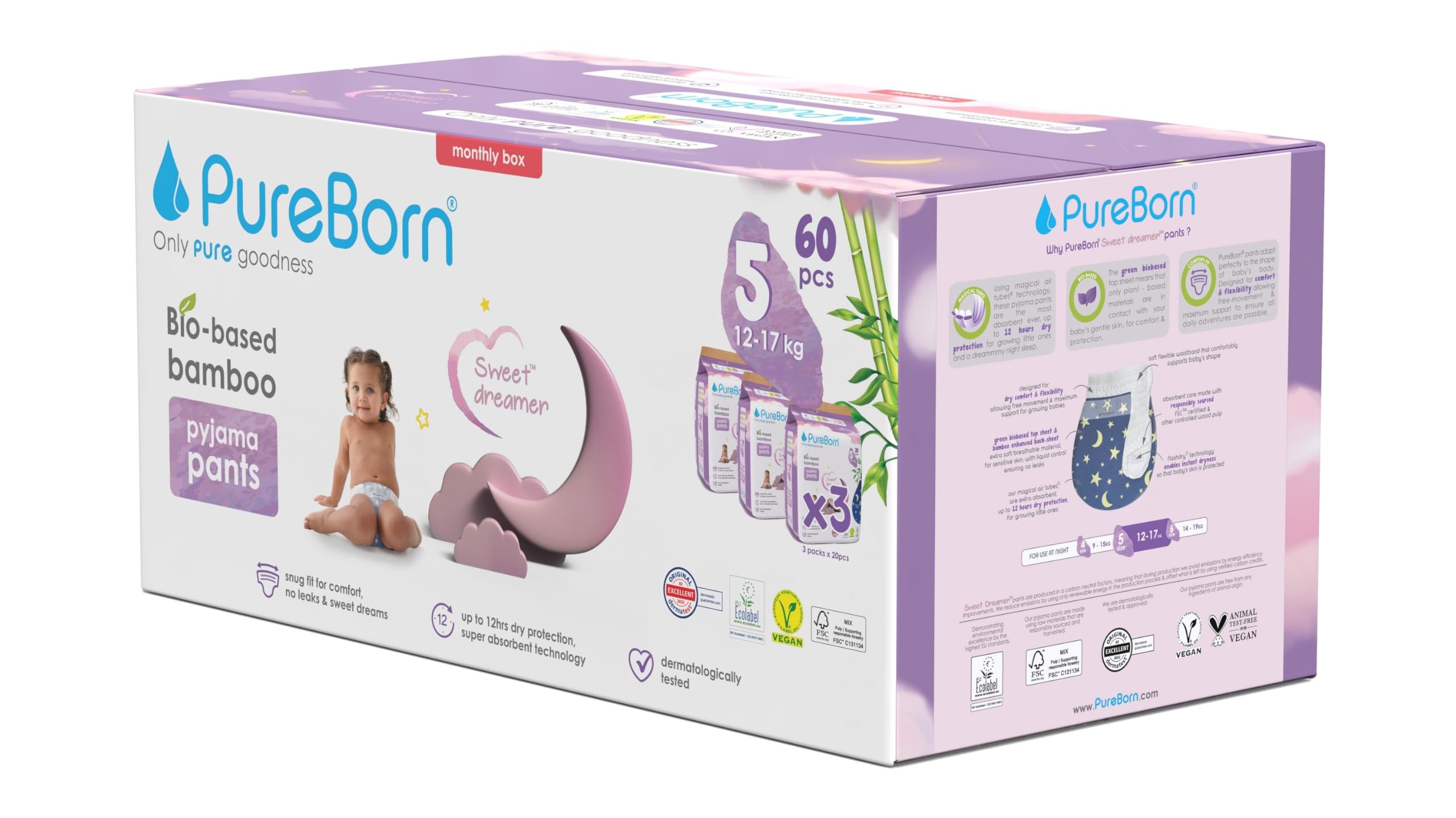 PureBorn Couches-Culottes Pour La Nuit, Taille 5 (12-17 kg), 60 Culottes Bébé, Protection Contre les Fuites Toute la Nuit, Absorption Extra, Confort à sec