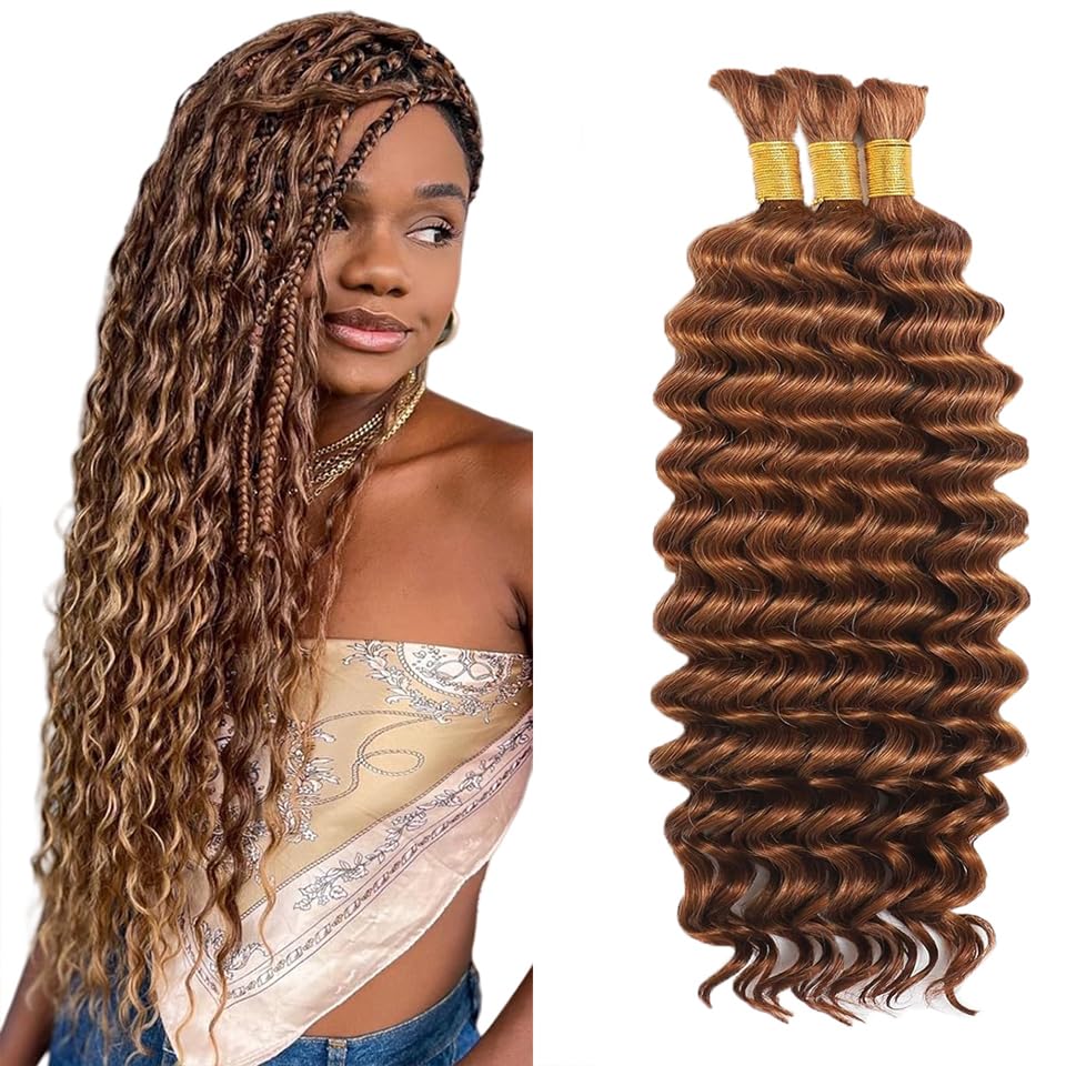 #30 Light Brown Human Braiding Hair Deep Wave Bulk...