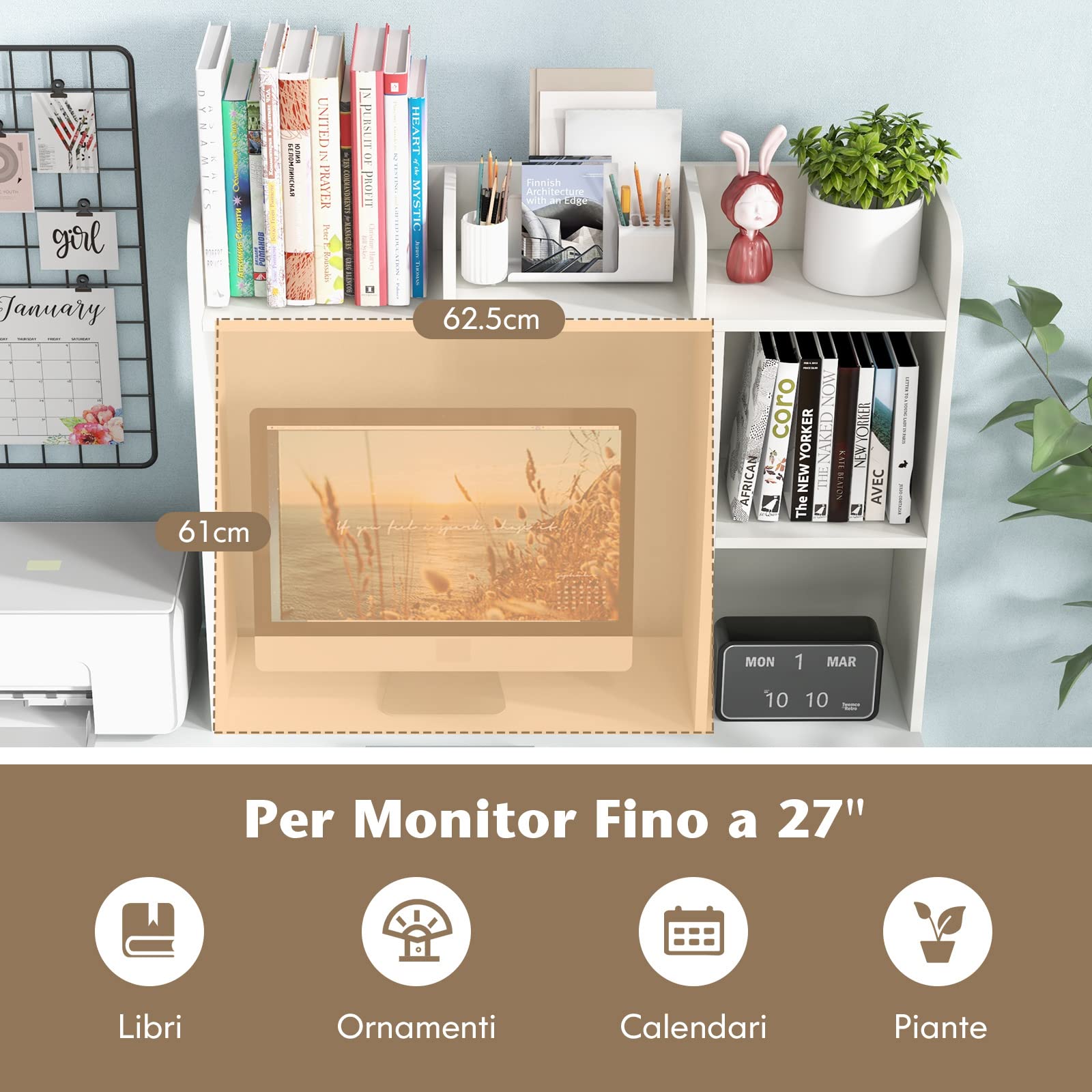 COSTWAY Scaffale da Scrivania in Legno, Libreria da Tavolo Salvaspazio con 4 Ripiani e Scomparto Aperto, Scaffale Espositivo per Computer, Casa Ufficio, 94x25x74 cm (Bianco)