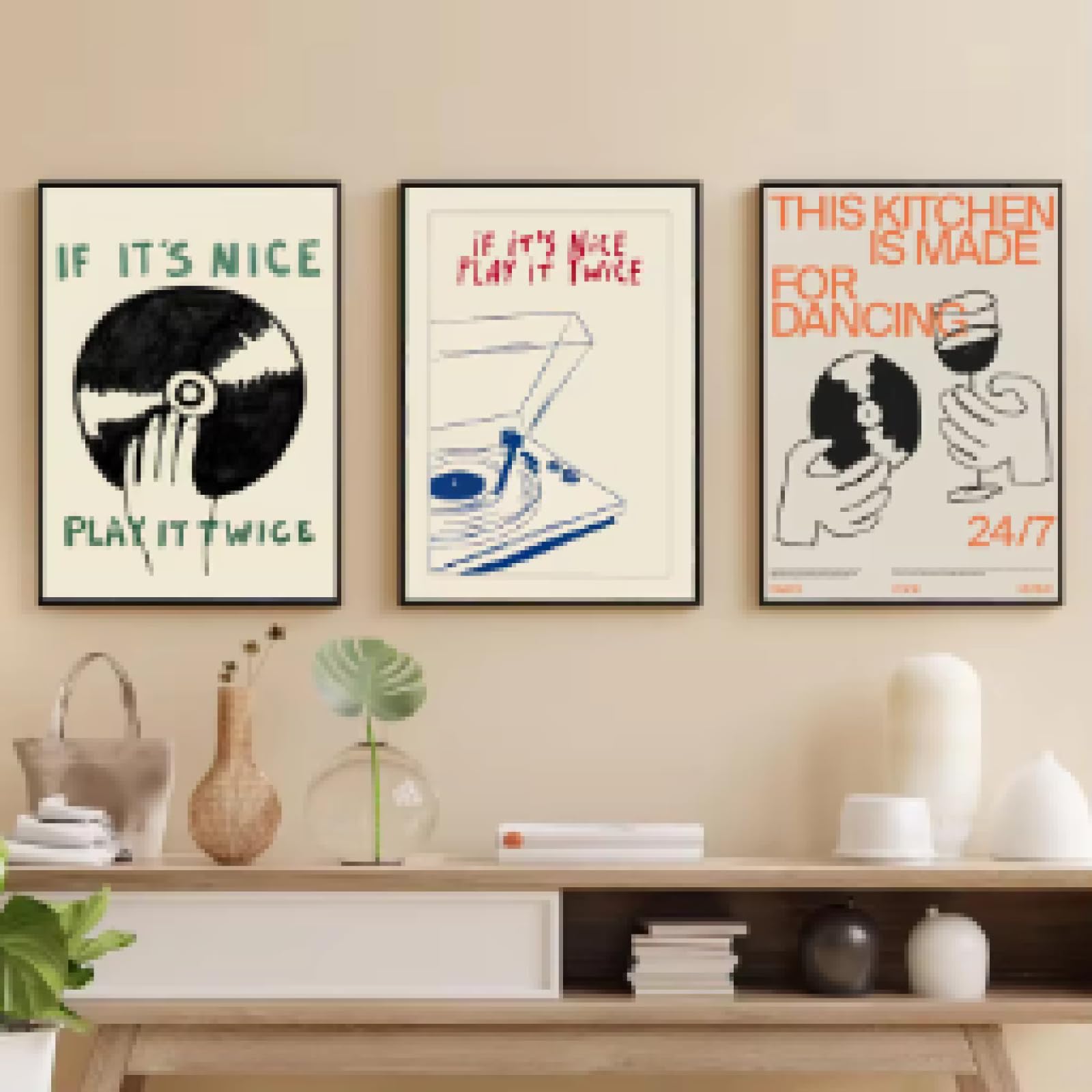 DAMAIART Stampa artistica su tela a tema musicale, poster con giradischi, opera d'arte retrò per soggiorno, camera da letto, arredamento per la casa, 70x100cmx3 senza cornice