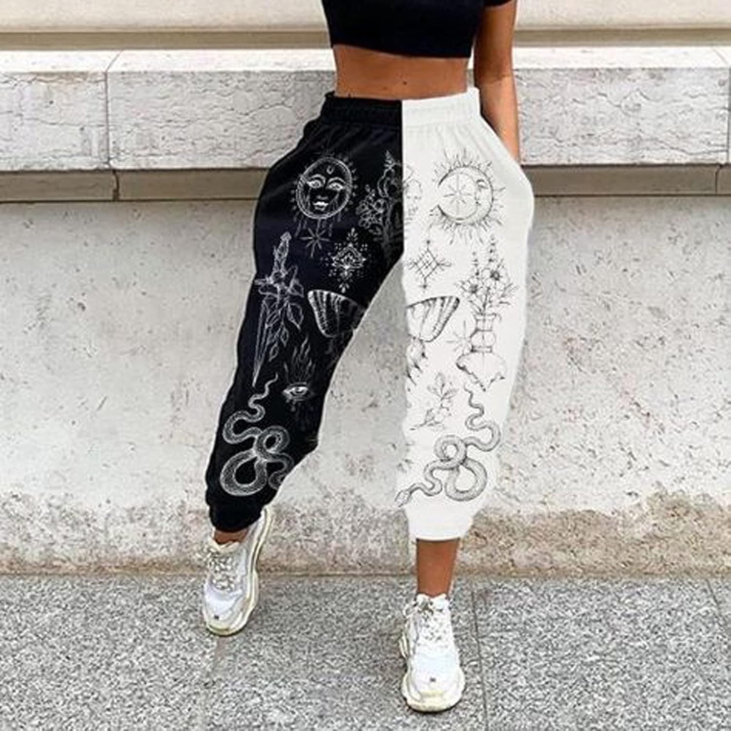 XFLnaraz Women's Fashion Printed Jogger Pants Elastic Waist Color Block Street Loose Sweatpants with Pockets - Image 2