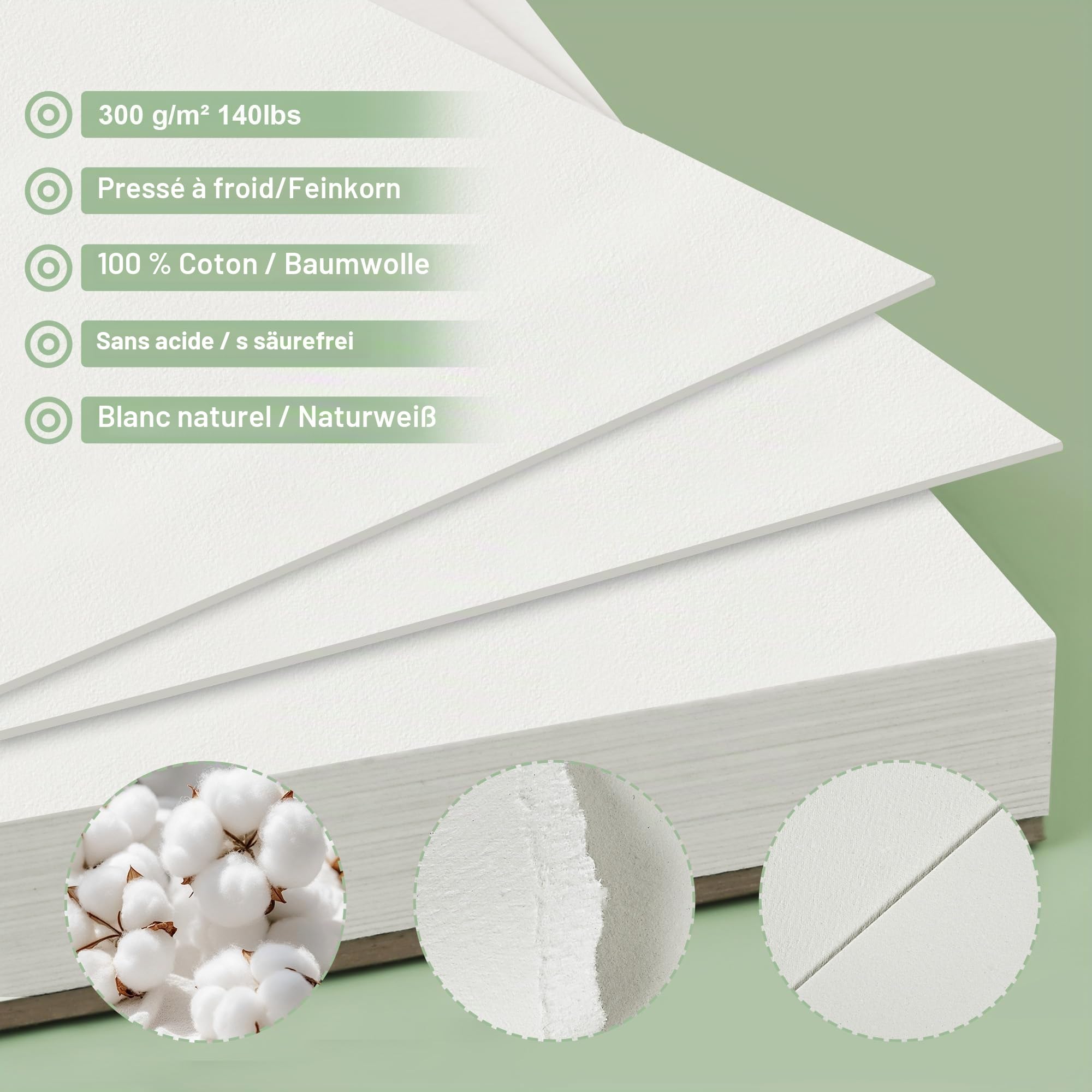 ESENG® Premium Papier Aquarelle DIN A3, 100% Coton - 30 Feuilles - 300 g/m² - Blanc, Bloc Aquarelle, Bloc à Dessiner, Papier pour Aquarelle, Dessin, Peinture