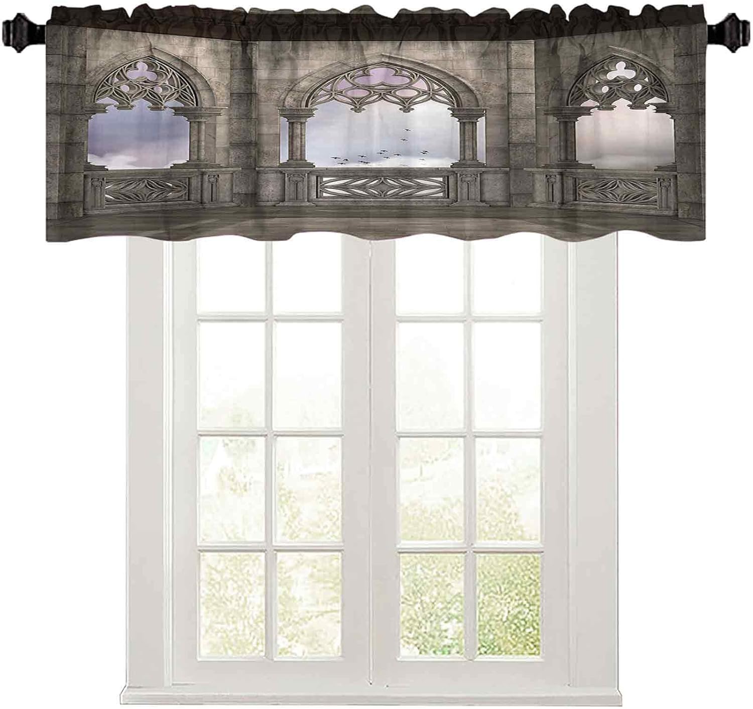 Kitchen Valance Curtain, 50" W x 18" L Medieval Stone Balcony with Curvings Graphic Design Mystic Middle Age Legend Story Print L Blackout Curtain Valances for Kitchen Grey Purple