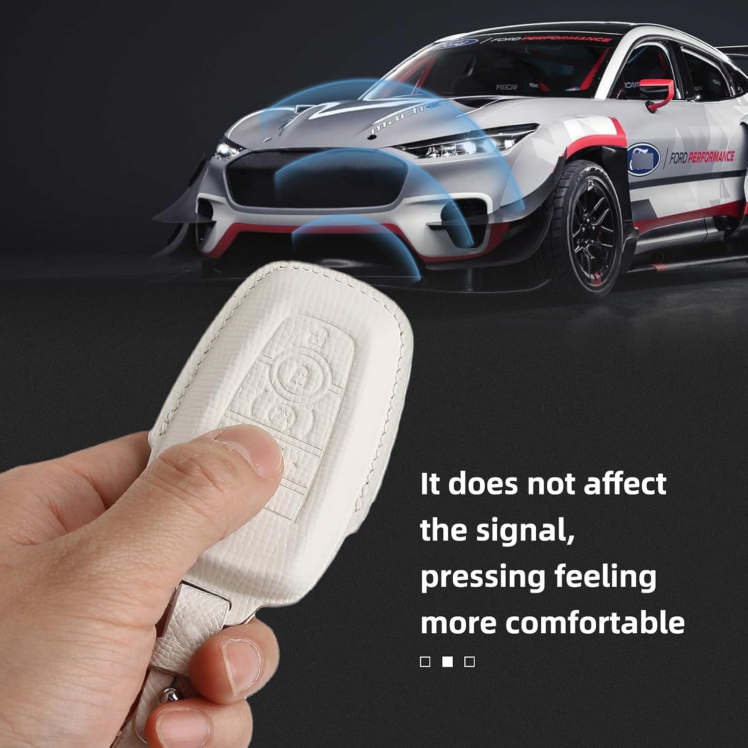 Leather Key Fob Cover with Keychain Compatible with Ford Explorer Mustang Escape F150 F250 F350 F450 F550 Edge Key (White)