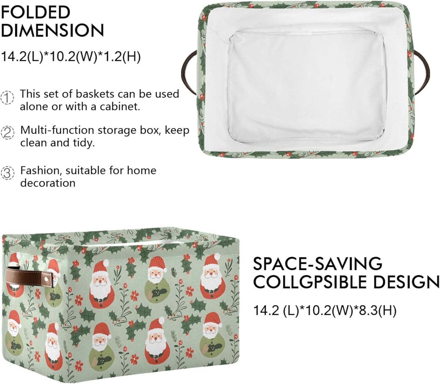 MNSRUU Storage Basket Santa Claus Green Collapsible Organizer Basket for Shelves with PU Handles, Decorative Waterproof Nursery Laundry Storage Cubes Bins, 2 Pack