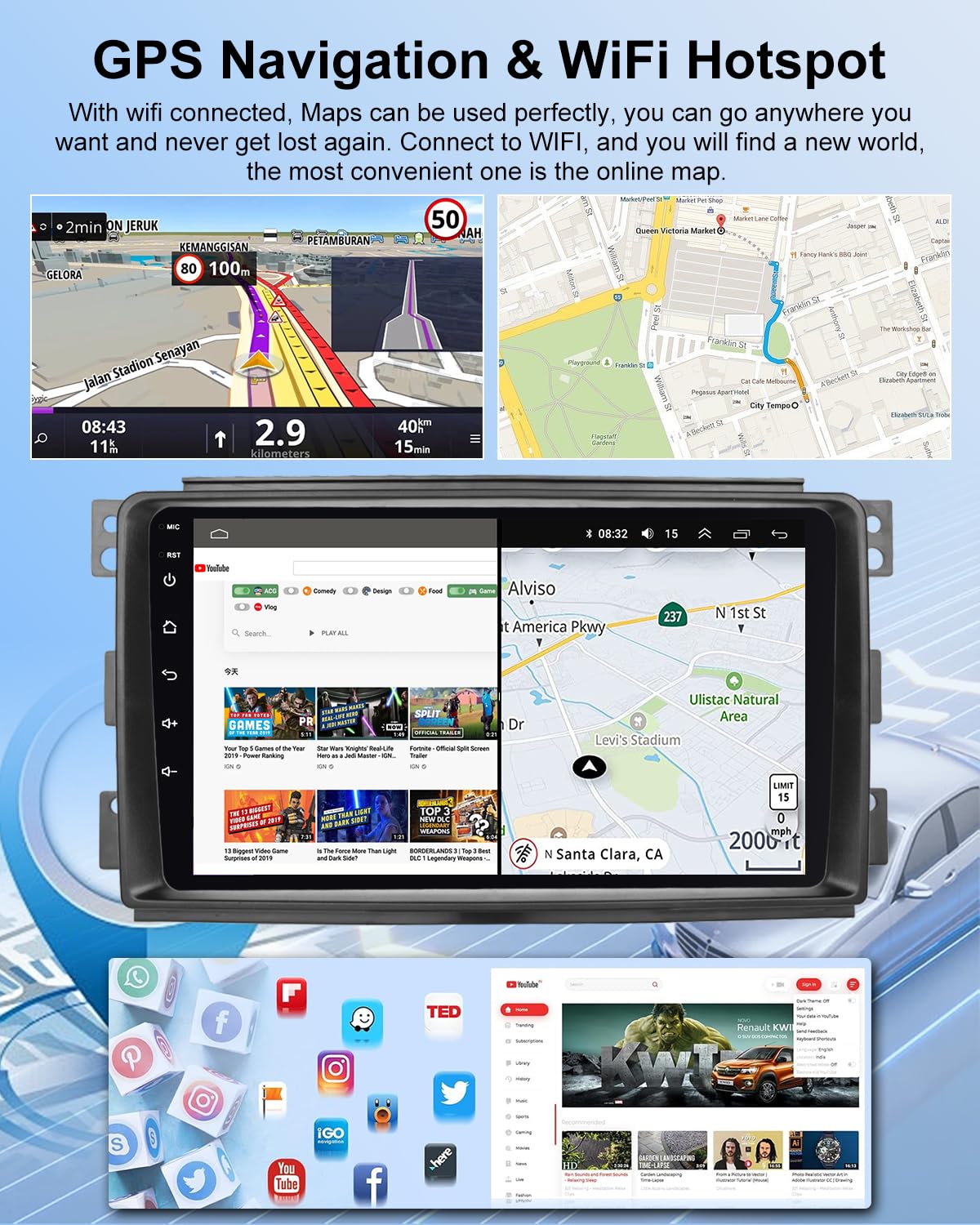 Autoradio Android NHOPEEW 2G+64G per Benz Smart Fortwo 451 2005-2010 - Carplay wireless e Android Auto - Autoradio Carplay da 9 pollici con WiFi EQ GPS FM RDS + telecamera posteriore AHD e microfono