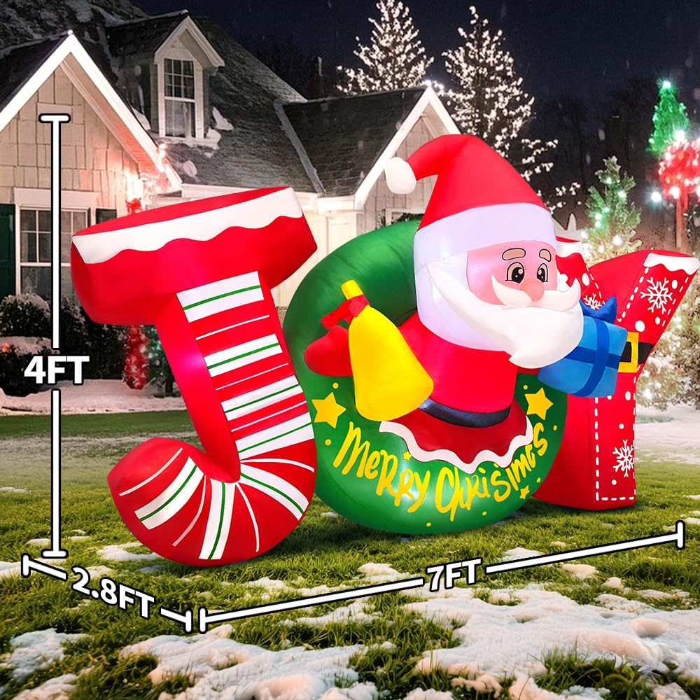 KOOY 7FT Christmas Inflatable Outdoor Decorations, Blow Up Yard Decoration Outdoor, Joy Inflatable Decoration with Santa Built-in LED, for Xmas Party Decor Yard Outside Garden Holiday Decorations