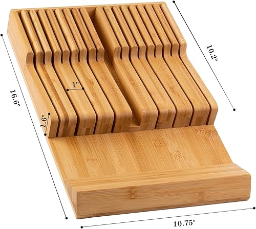 Miniatura 7 de Organizador de cajones de cuchillos de bambú con 17 ranuras, bloque de cuchillos sin cuchillos para cajón de cocina, sostiene 16 cuchillos y 1 acero