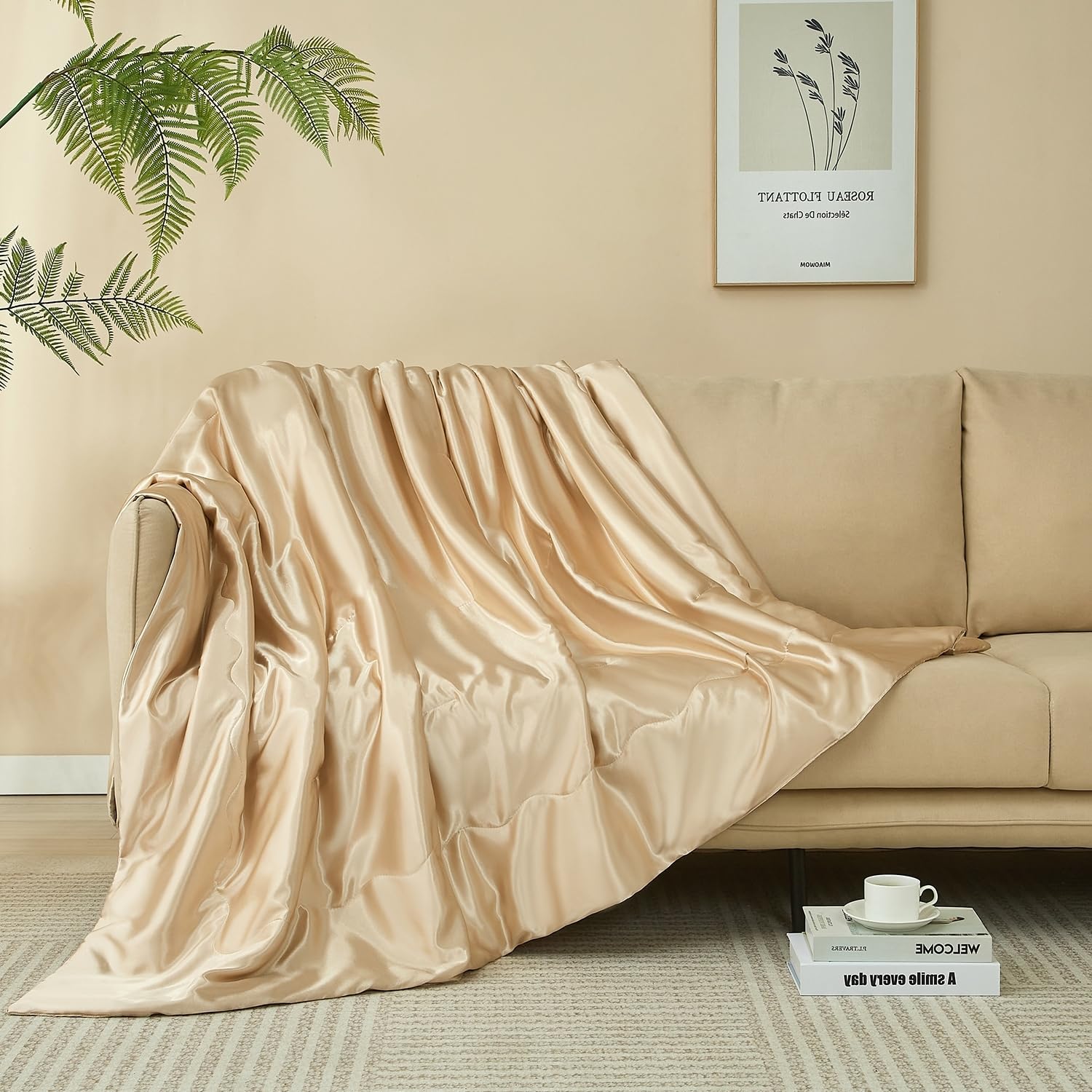 Luowei Komfort Decke 150 x 200 cm Satin Khaki Kühlende Verpackte Sommer Satin Decke Luxus Atmungsaktive Leicht zu tragen für Schlafsofa Haustier und Outdoor-Reisen