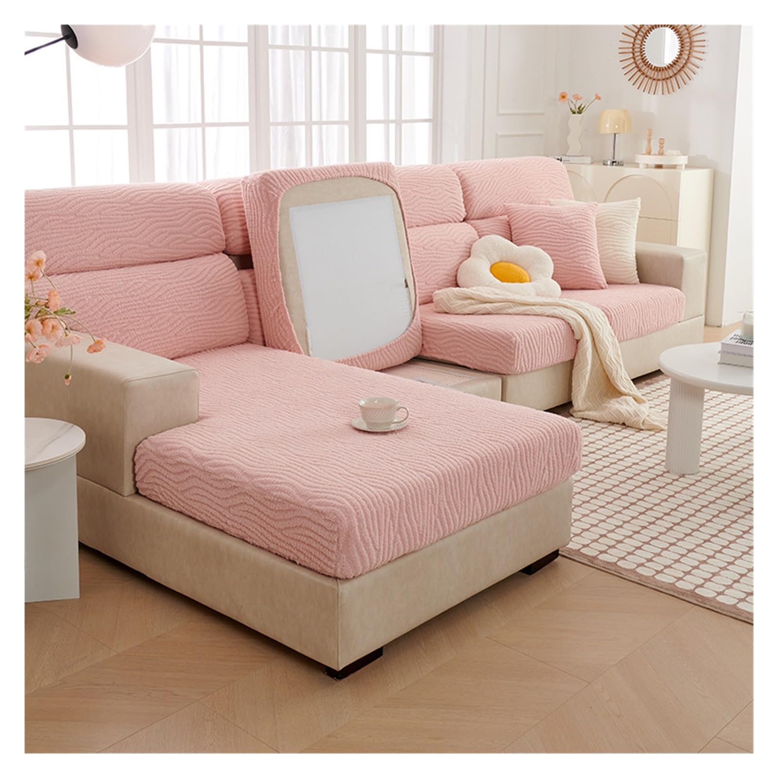 109 morne witte gebogen bouclé sectionele bank, 2-lige chaise longue voor 4 personen met 3 kussens｜Homary