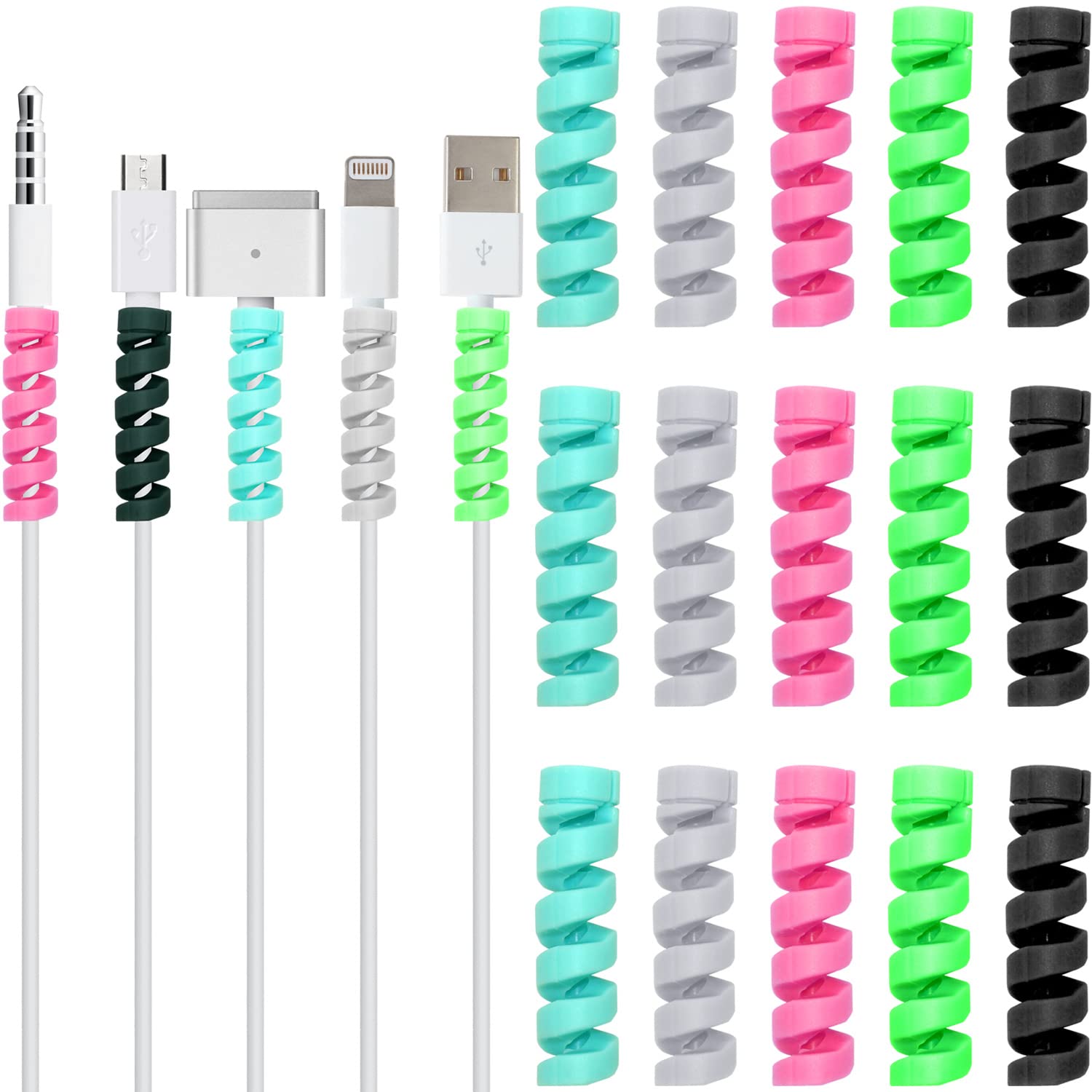 IFAMIO 15 Pcs 5 Assorted Colors Flexible Spiral Charging Cable Protector Wire Cord Organizer Tube Accessories Charger Saver for iPhone, MacBook, USB, PC, Cell Phones, Computer, Laptop