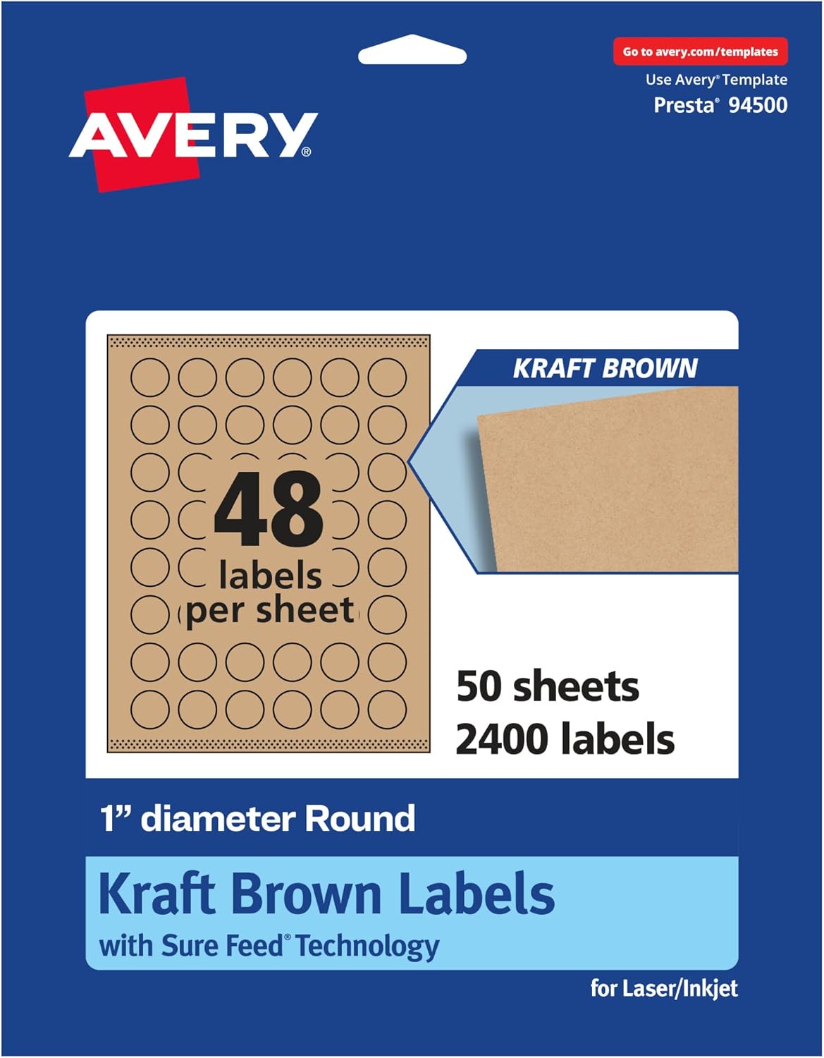 Avery Kraft Brown Round Labels, Sure Feed Technology, 1" Diameter, 4,800 Kraft Brown Labels, Print-to-The-Edge, Laser/Inkjet Printable