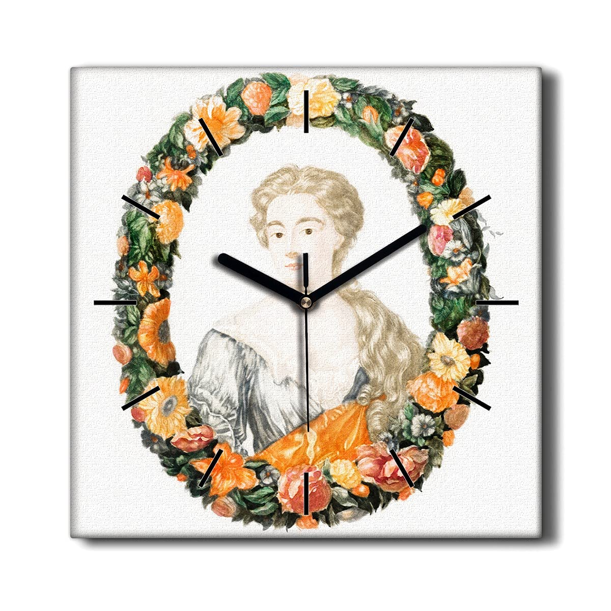 Horloge sur Toile 30x30cm Coloray pendule murale silencieuse fleurs portrait femme