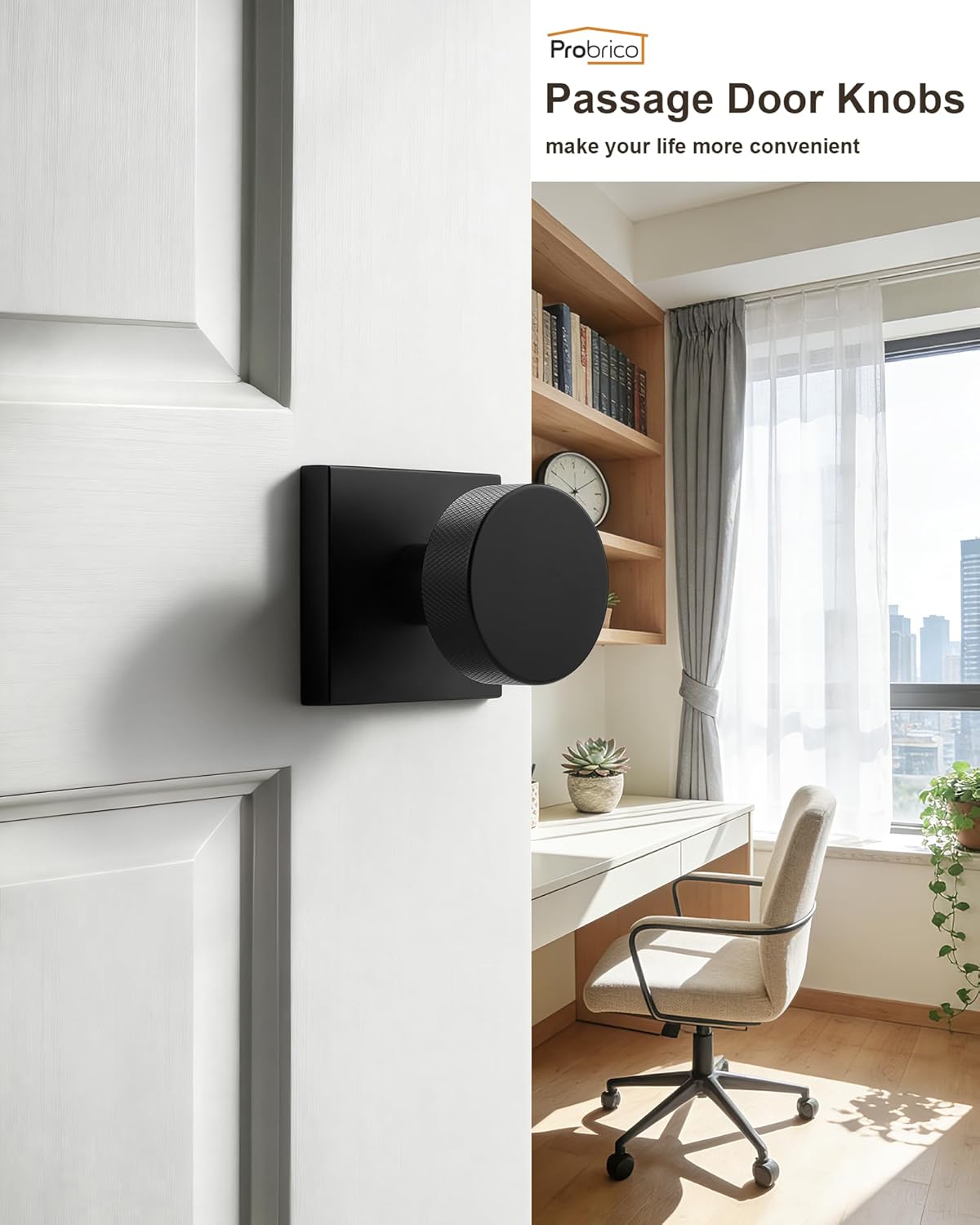Probrico Passage Door Knobs,Black Interior Door Knobs with Square Rosette,Keyless Closet & Hallway Round Modern Door Knob Non Locking 2Pack