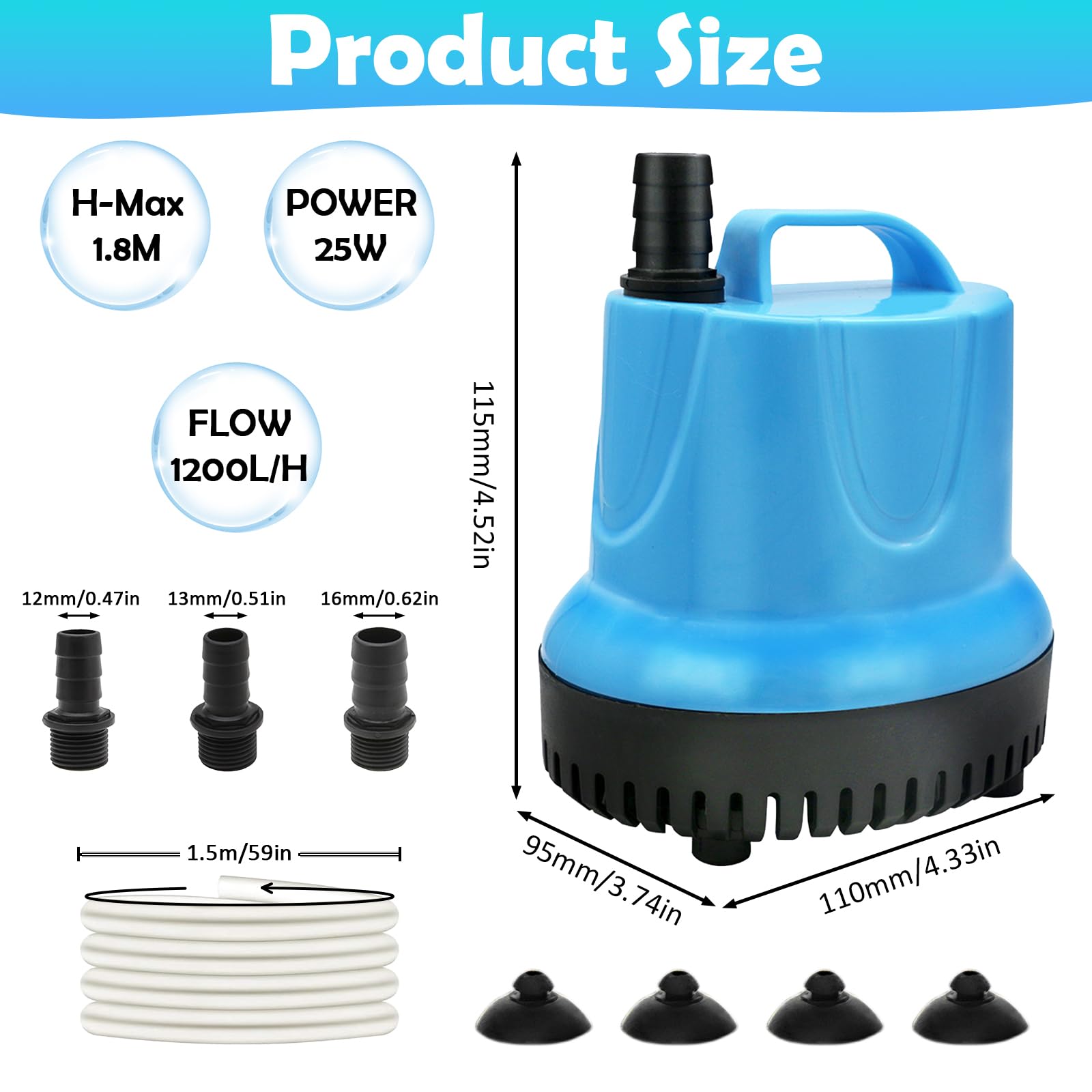 Mini pompa wodna 20W 1500 l/h, pompa zanurzeniowa z 3 dyszami i 1,5 m wężem, ultra cicha pompa do akwarium, fontanny, ogrodów, stawów, fontann (niebieska)