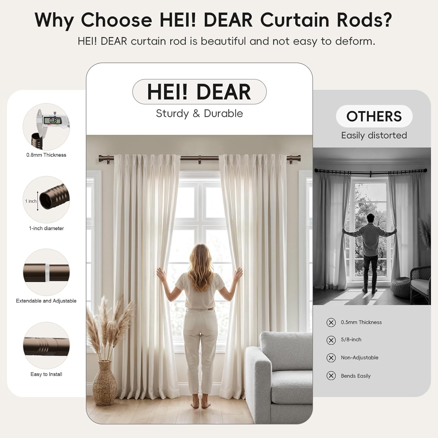 2 Pack Bronze Curtain Rods for Windows 48 to 84 Inch (4-7ft),1 Inch Diameter Heavy Duty Curtain Rod,Adjustable Modern Decorative Drapery Rods 30"-84",Brown