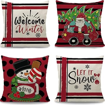 Christmas Pillow Covers 18x18 Santa Claus Snowman Welcome Winter Strip Christmas Pillows Christmas Farmhouse Decor Christmas Throw Pillow Covers Set of 4 Christmas Decorations for Home