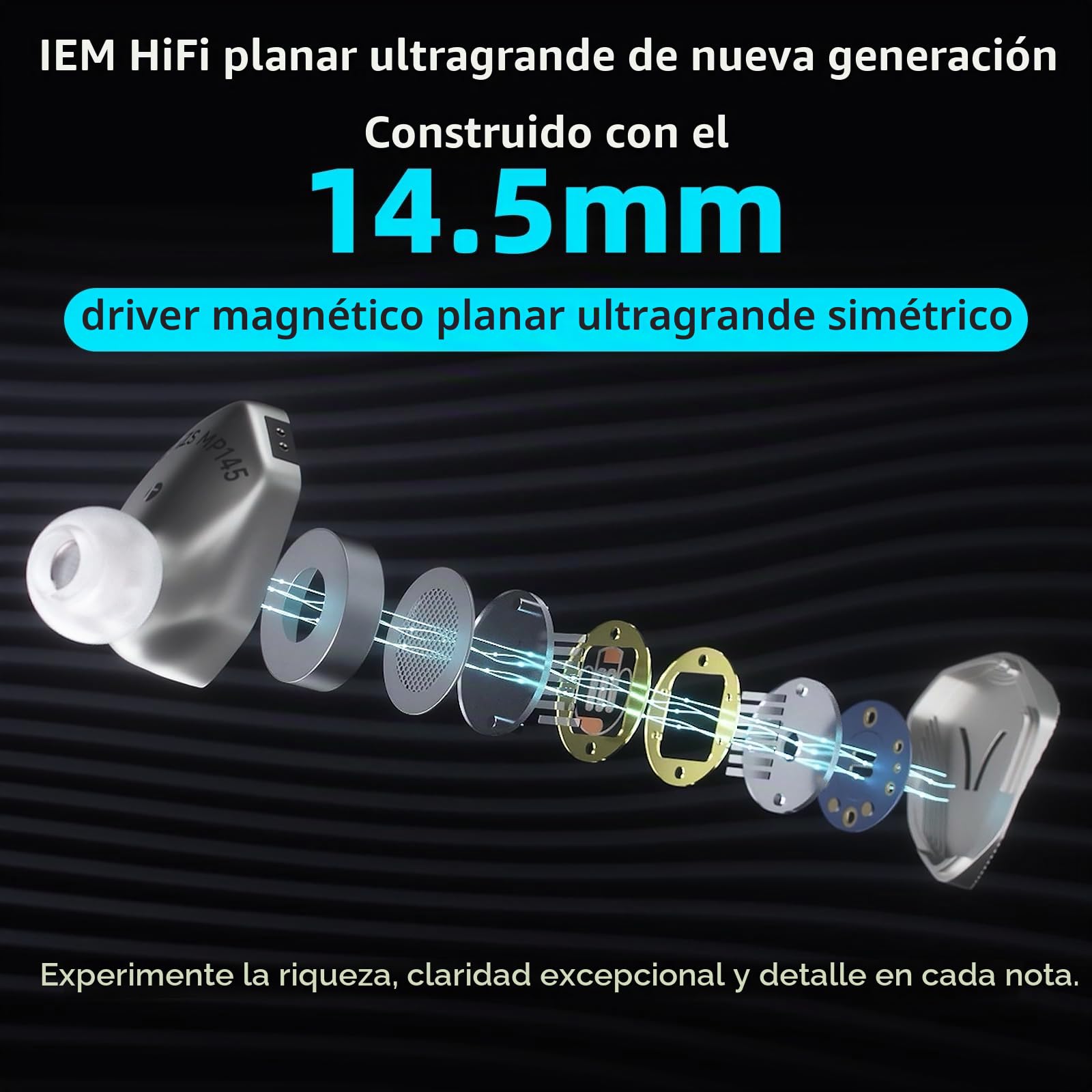 Hidizs MP145 Monitores Intraurales HiFi con Controlador Magnético Plano Ultra Ancho de 14,5 mm, Auriculares de Diseño Ergonómico, Auriculares Desmontables de 2 Pines, Titanio, 4,4 mm