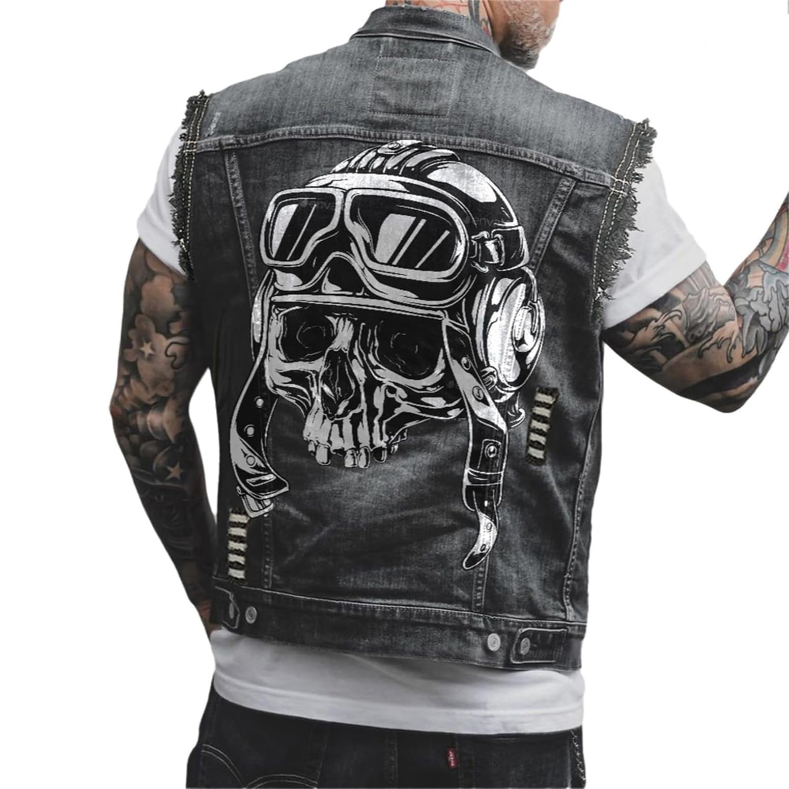 Veste en Jean Sans Manches Hommes Imprimé Tête de Mort Style Biker Punk Vintage Denim Boutons Métalliques Outdoor Loisirs Vêtement de Travail