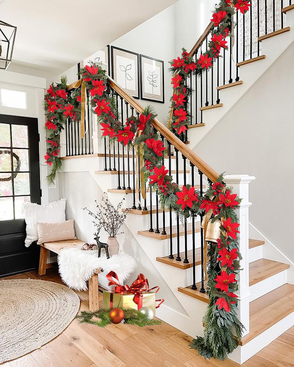 2 guirnaldas de Navidad de Flores de Bayas Rojas de 6.5 pies, Flores de Pascua Artificiales de Acebo, Decoraciones de ratán para Interiores y Exteriores, hogar, jardín, Escalera, Puerta, Ventana,
