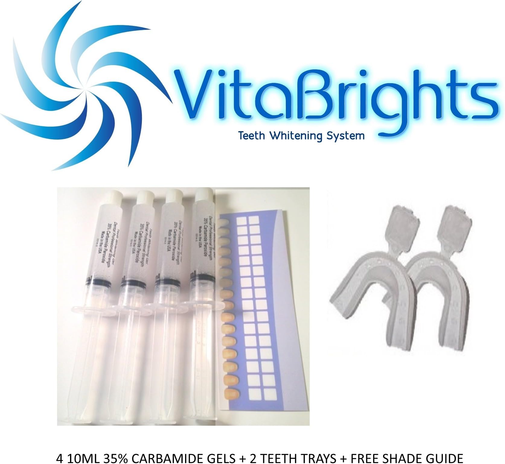 VITABRIGHTS 4 10 ml 35% Carbamide GELS + 2 THERMOFORM Teeth WHITENING Trays + Free Shade Guide