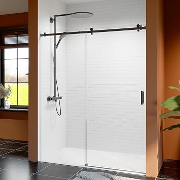 56-60" W x 74" H Matte Black Frameless Sliding Shower Door, 5/16" 8mm Tempered Glass, Heavy Duty Stainless Steel with Anti-Jumping System Finish