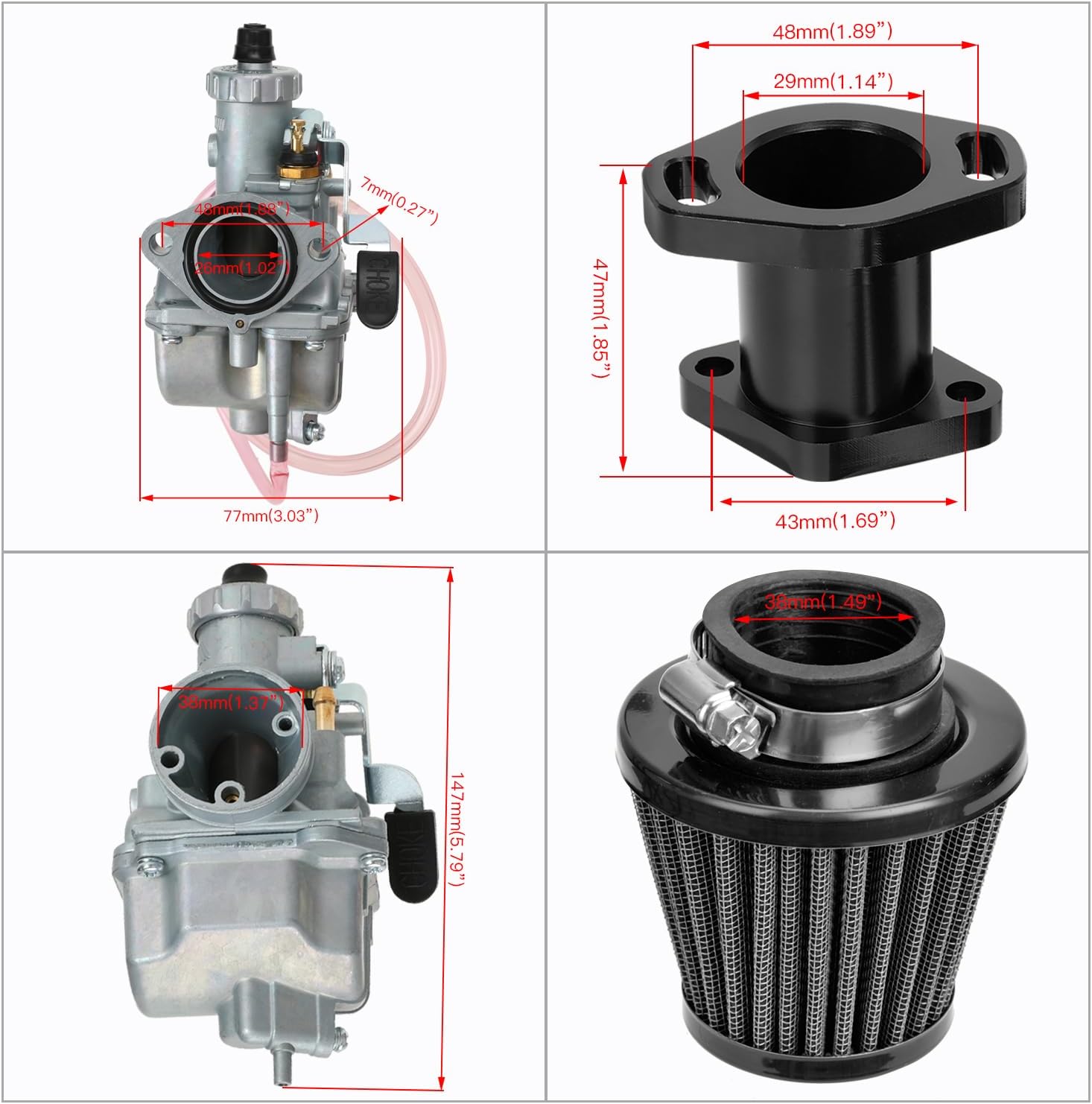 FVRITO VM22 26mm Carb for Predator 212 Carburetor 212cc 196cc Coleman CT200U CT200U-EX BT200X KT196 Mini Bike Go Kart Baja Warrior MB200 6.5hp GX160 GX200 OHV Clone Engine Performance Parts Black