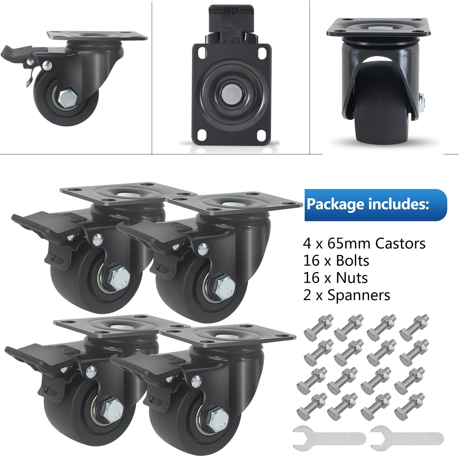 4 Ruote per Mobili Carico 1500 kg, 65MM Ruote per Carrello con Freni Rotelle Piatte, Nylon Ruote Girevoli a 360°, Ruote Industriali con Piastra, Cuscinetti Doppi Rotelle per Impieghi Gravosi