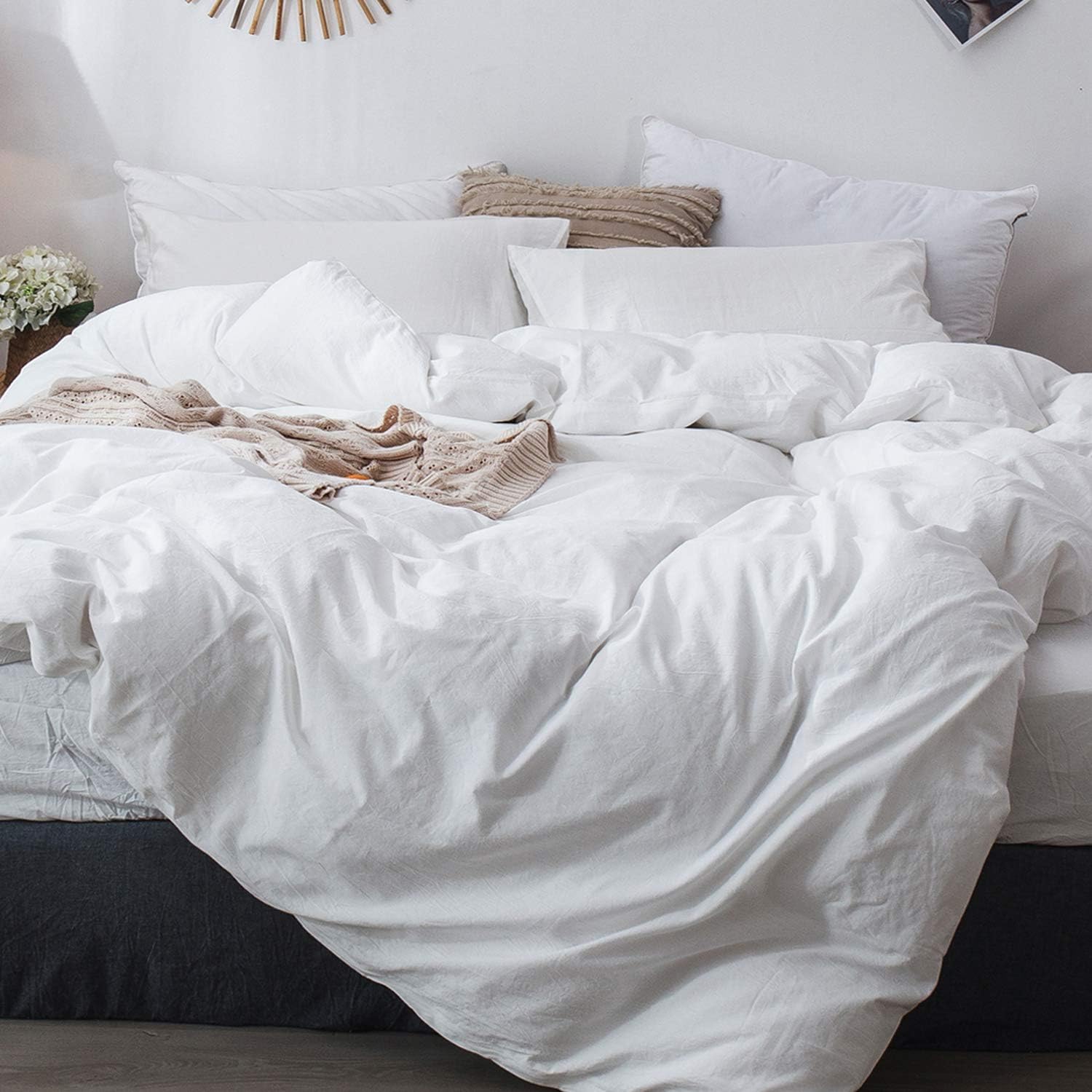 MooMee Bedding Duvet Cover Set 100% Washed Cotton Linen Like Bedding Textured Breathable Durable Soft Comfy (White, Twin)
