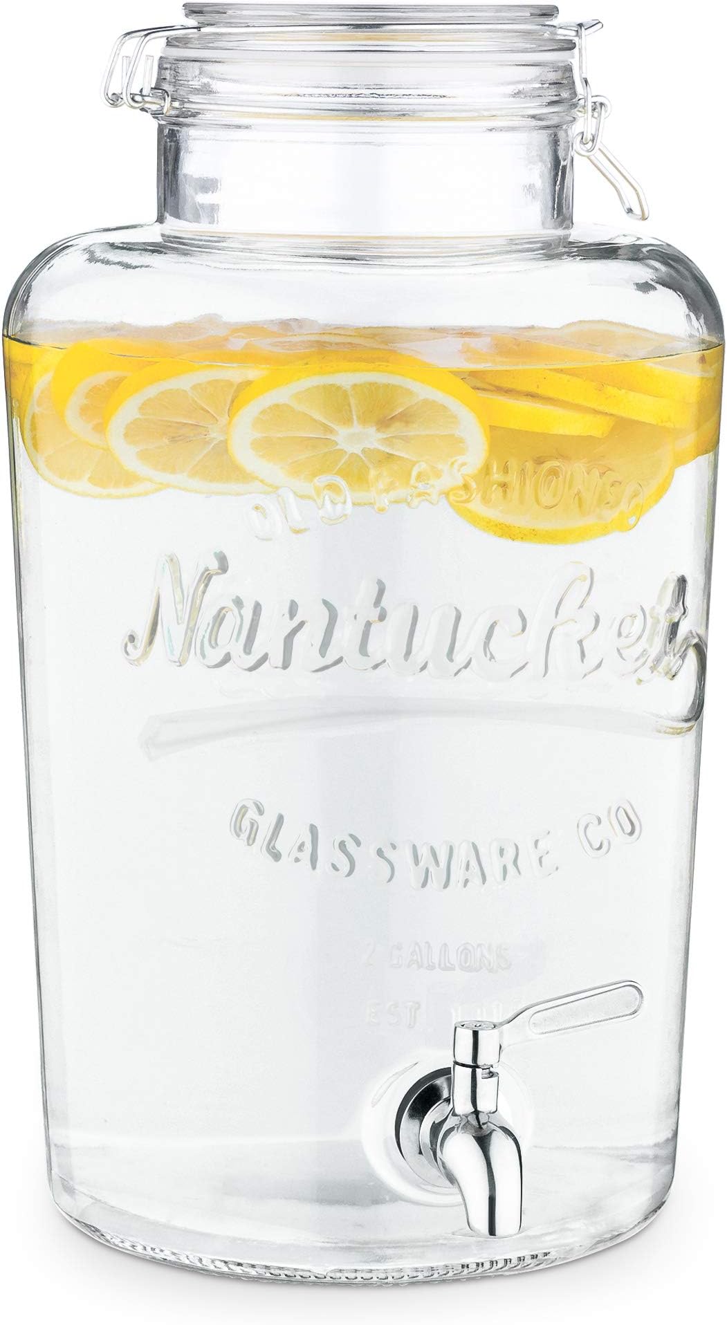 Beverage Dispenser with Spigot - 2.1 Gallon (8L) Glass Drink Jar with Stainless Steel Tap and Clip Top Lid - For Hot or Cold Drinks, Ice Water