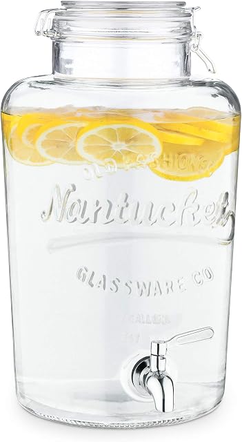 Navaris Drinks Dispenser with Tap - 8L Glass Drink Jar with Stainless Steel Tap and Clip Top Lid - for Cold Beverages, Ice Water, Garden Party