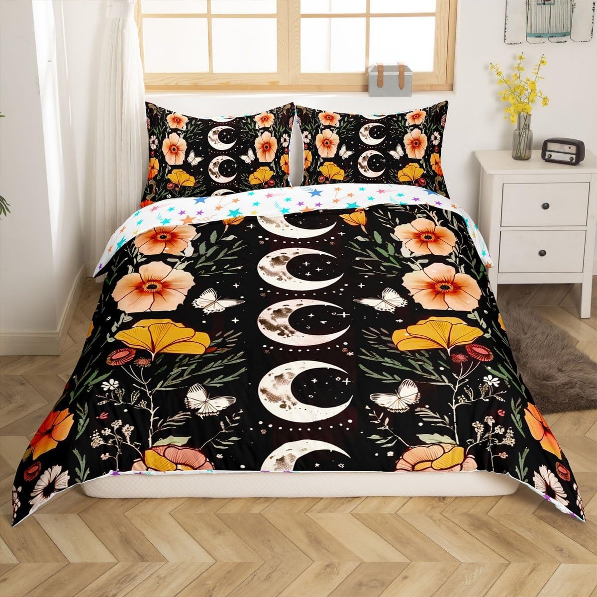 jejeloiu Butterfly Duvet Cover,Kids Boys Girls,Toddler Size,Bedding Set, Ultra Soft Moonlit Wildflower Floral Plant Botanical Comforter Cover Set Moon Print,Bedspread Cover Room Decor,No Comforter