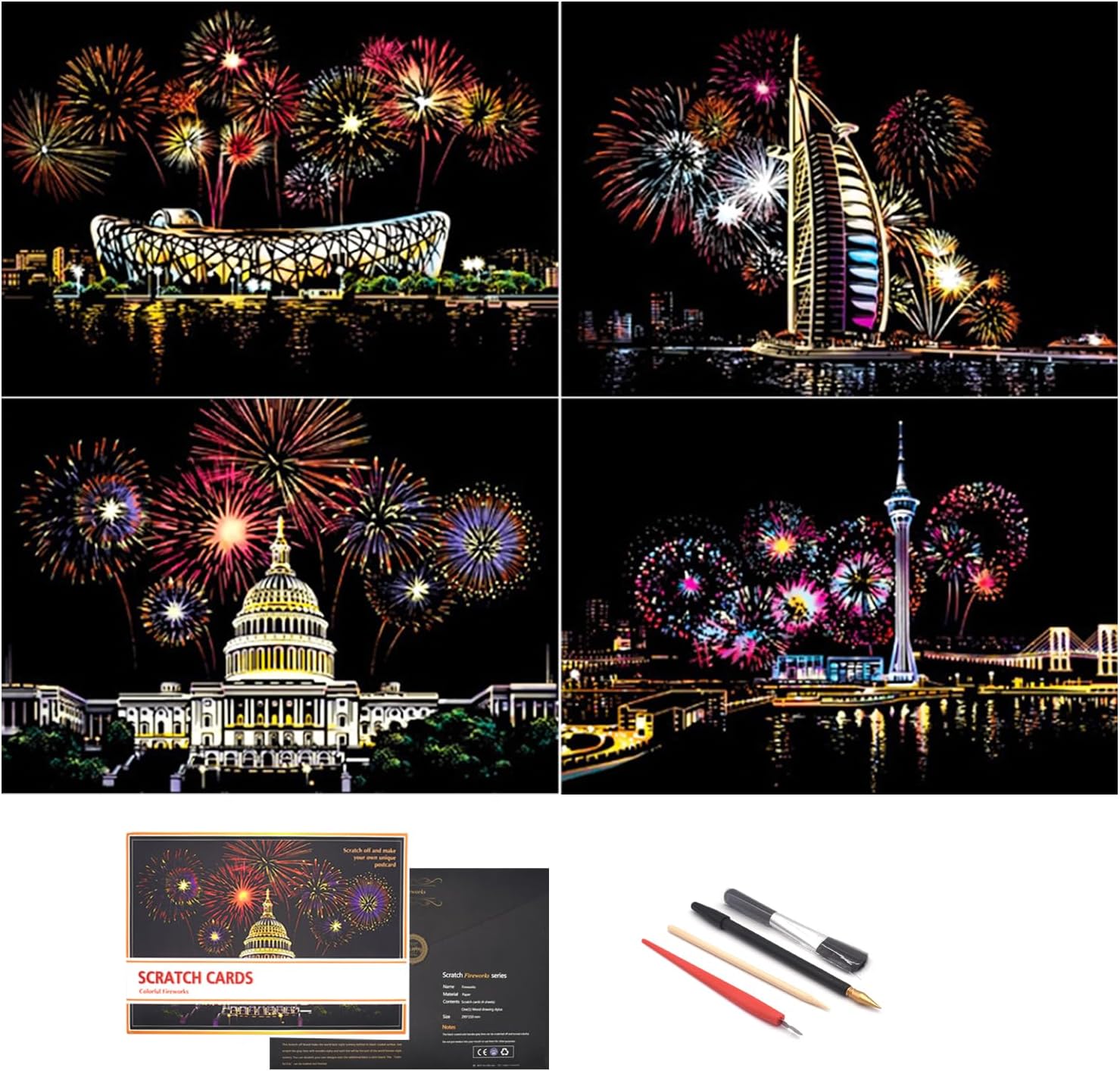 Scratch Painting Rainbow Paper by BOTEEN, Sketch DIY Art Craft City Series Night View Creative Gift, Scratchboard for Adults and Kids ,Craft Kits with 4 Tools (A4- 4pack๏ผ
