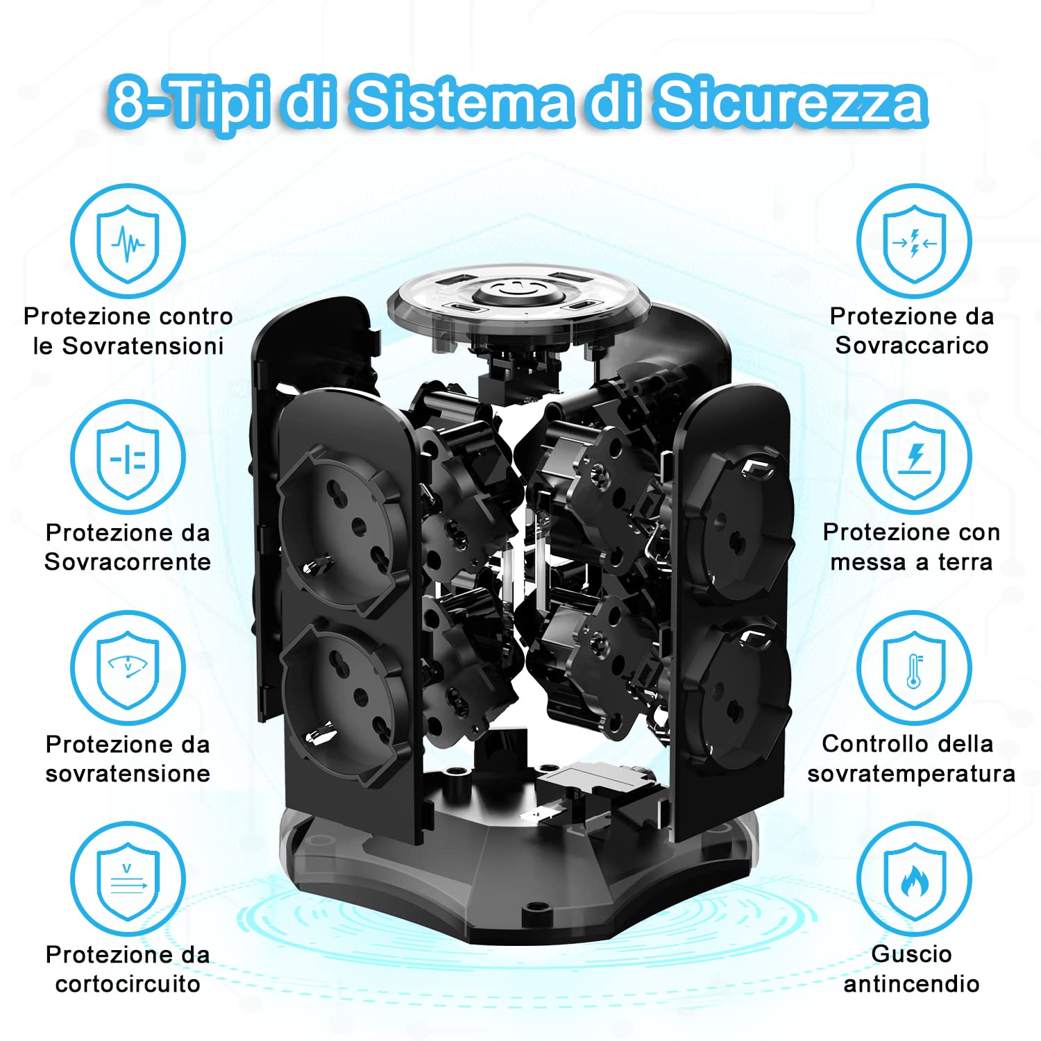 TOPREK Multipresa Verticale con 8 Prese Universali ITA 10/16A e Schuko e 2 Tipo C e 2 Tipo A(USB-C1 20W PD3.0 Ricarica Rapida), 4000W/16A, Ciabatta Multipresa con Interruttore,2M Cavo,Spina 16A,Nero