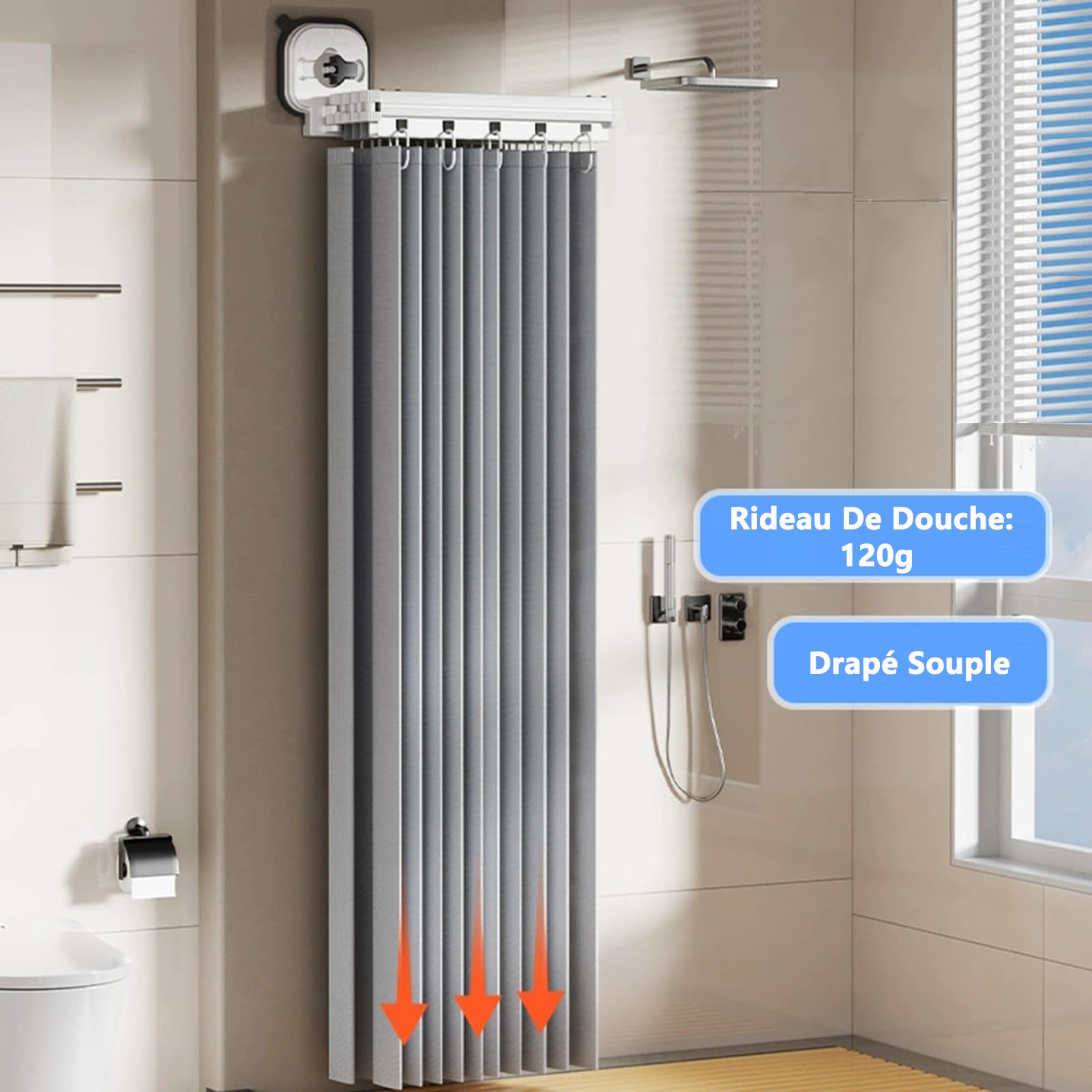 Barre De Douche Pliable, Tringle À Angle Réglable Extensible Avec Anneaux et Ventouses, De Douche Pour Salle De Bain et Baignoire, Sans Perçage (Blanc, 4-fold)