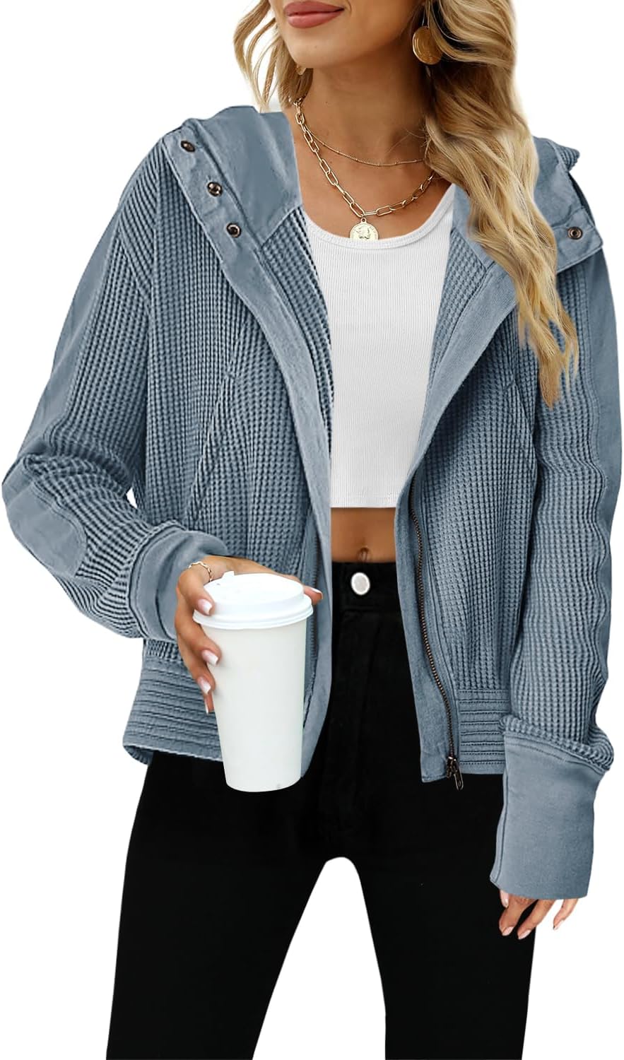 Yanekop Cropped Zip Up Hoodie Women Waffle Knit Fall Jackets Casual Corduroy Jacket 2025 Fall Outfits with Pockets