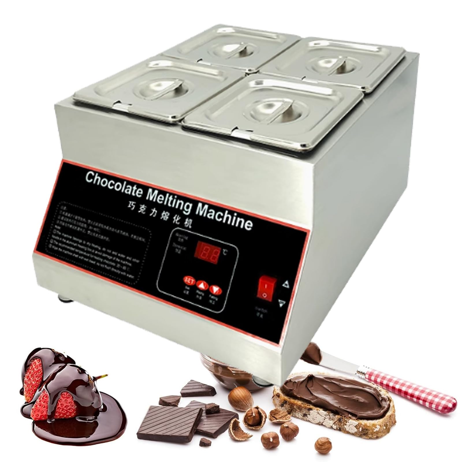 Tempéreuse à Chocolat Commercial Température Fondoir à Chocolat Acier Inoxydable 500w, Réservoirs 1/2/4 pour 12l De Chocolat, pour Chauffer Beurre Crème Lait,4tank