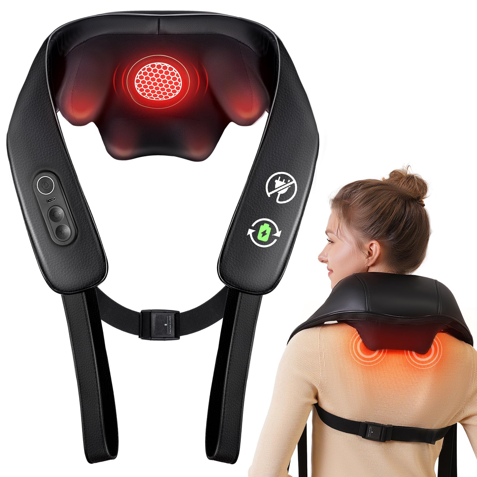 KNQZE® Shiatsu Massagegerät 4D, 2026 Kabellos Nackenmassagegerät mit Wärme, Verbesserte Graphenheizung, 4D Shiatsu Tief knetende Nackenmassage für Nacken, Schulter, Rücken, Geschenke,Schwarz