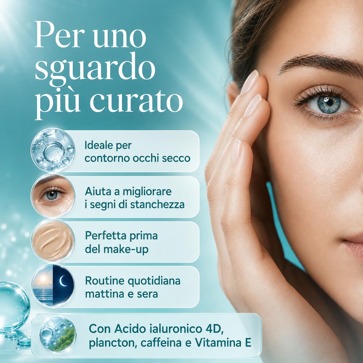 Linfa Cosmetics Multi-Recovery 4D Crema Contorno Occhi con Acido Ialuronico 4D, Plancton, Caffeina e Vitamina E, Idratante Antirughe per Borse e Occhiaie, 30 ml