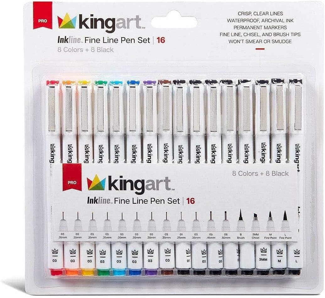 KINGART 436-16 PRO Inkline Color+Black Pens, 8 Colors 0.35mm, 8 Black Tips