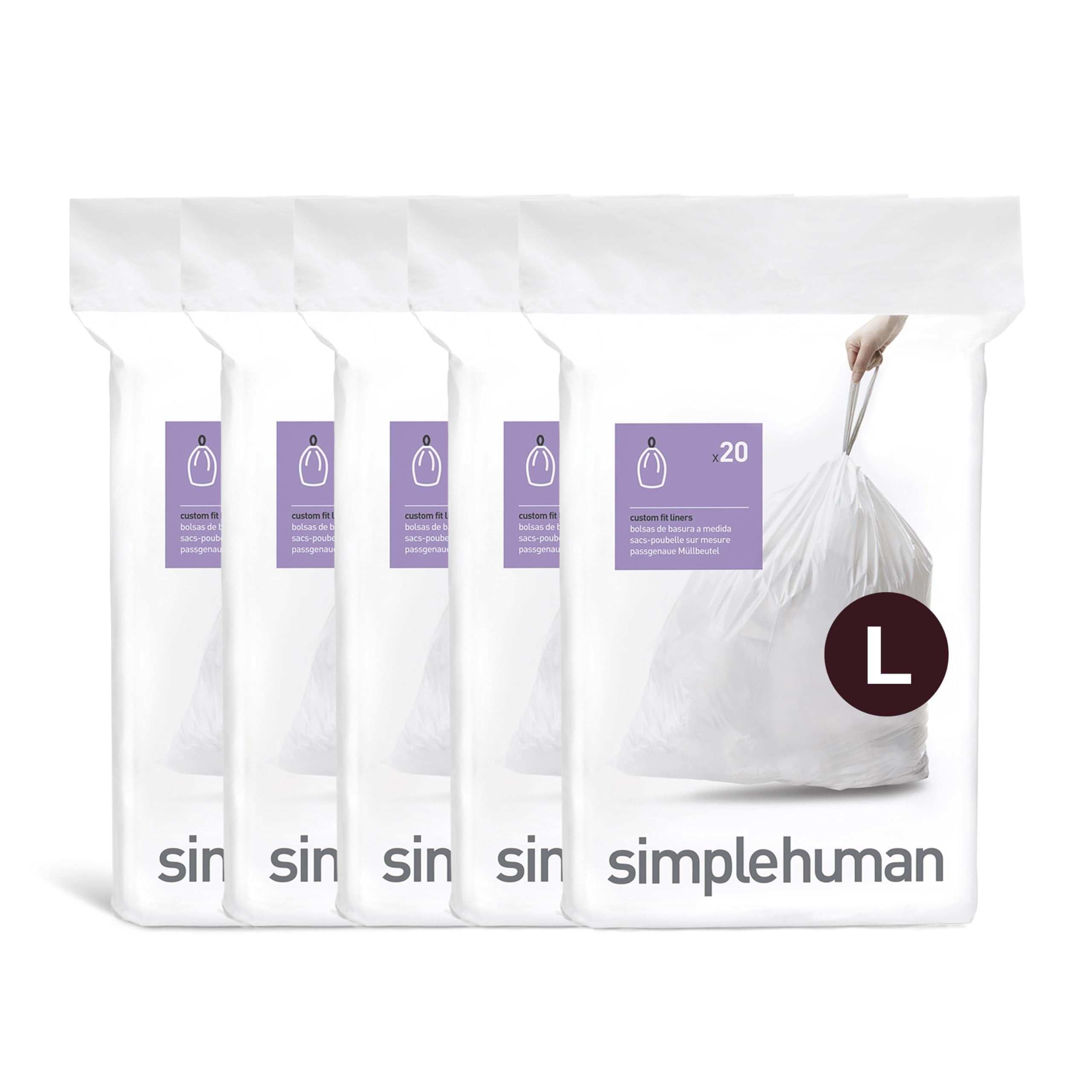 simplehuman Code L 100 Liners, 50% Recycled Custom Fit Bin Bags in Dispenser Packs, Durable Drawstring Tie Handle, 18L, White