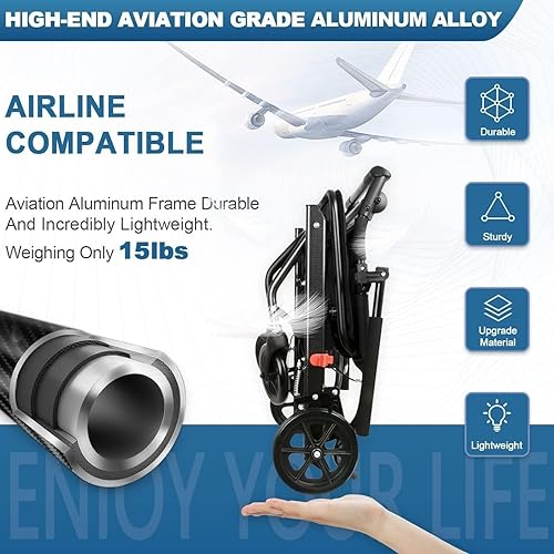 Miniatura 3 de Tripaide Silla de ruedas ligera para adultos, pesa solo 15 libras, silla de ruedas de transporte plegable ultraligera con mango telescópico, bolsa