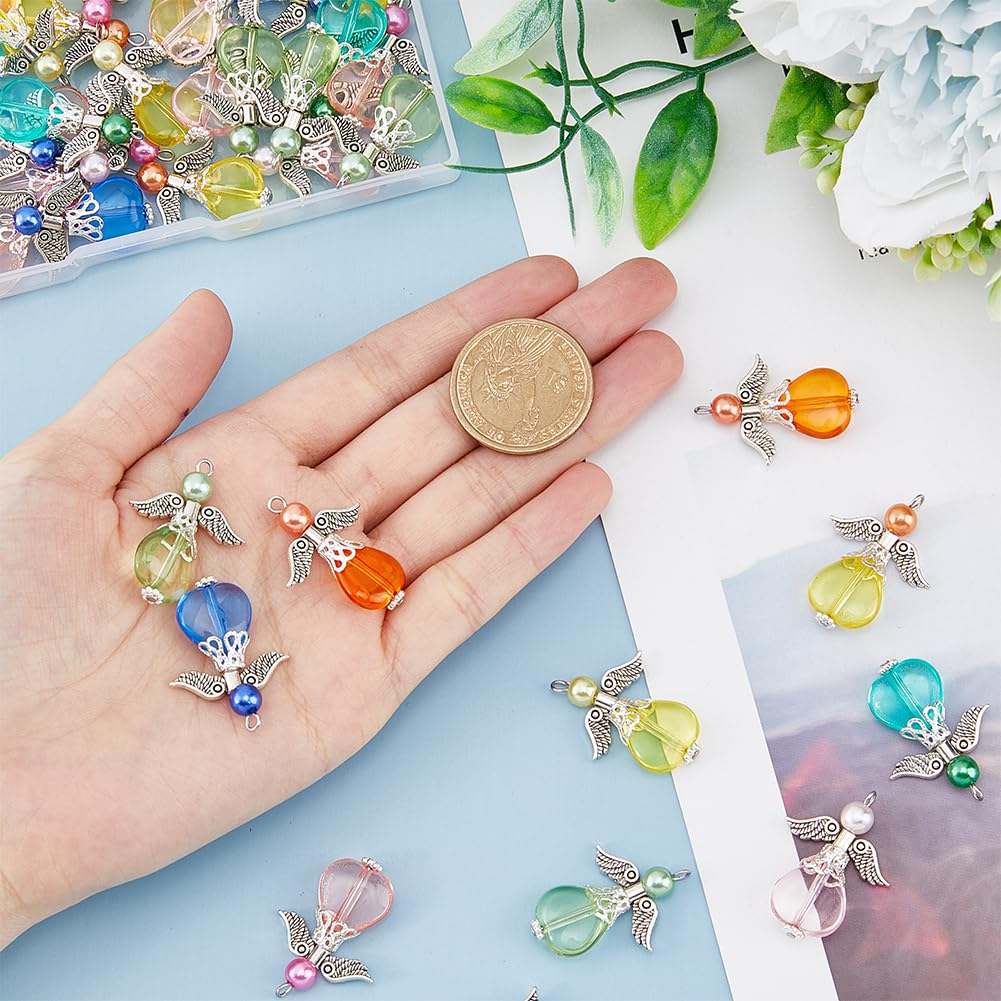SUPERFINDINGS 6 Sets 48PCS Acrylic Pendants with Tibetan Style Alloy Findings 8 Colors Angel Wing Charms Pearl Beads Flower Pendants for Necklace Bracelet Earring Making - Image 3