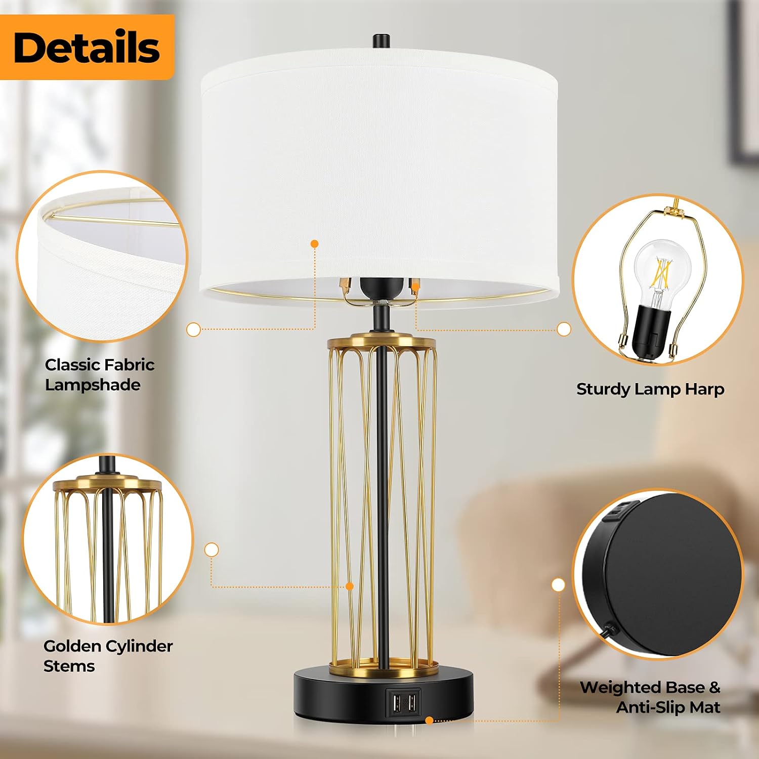 Touch Control Bedside Table Lamps Set of 2 for Bedroom 3-Way Dimmable Modern Nightstand Black Reading Desk Lamps with 2 USB Ports Fabric Shades Gold Accent for Hotel Living Room LED Bulbs Included