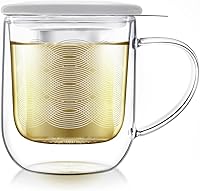 Teabloom Radiance Tea-For-One Steeping Mug - 12oz Insulated Double Wall Glass Infuser Mug with Stainless Steel Basket & Porcelain Lid