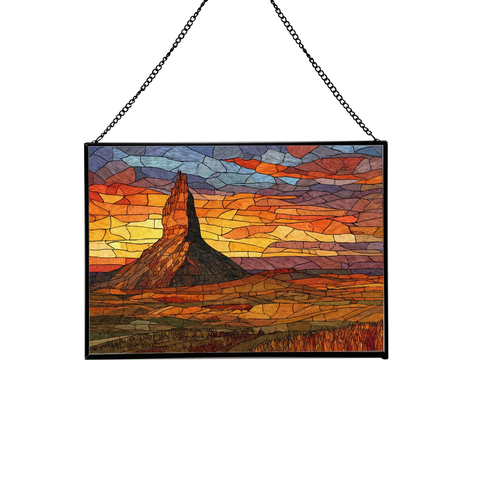 Chimney Rock-Nebraska City Stained Glass Suncatcher – Rectangular Hanging Window Panel with Urban Street Scene – Custom Glass Art Gift for Travelers, Architecture, Skyline Lovers T1UD7c