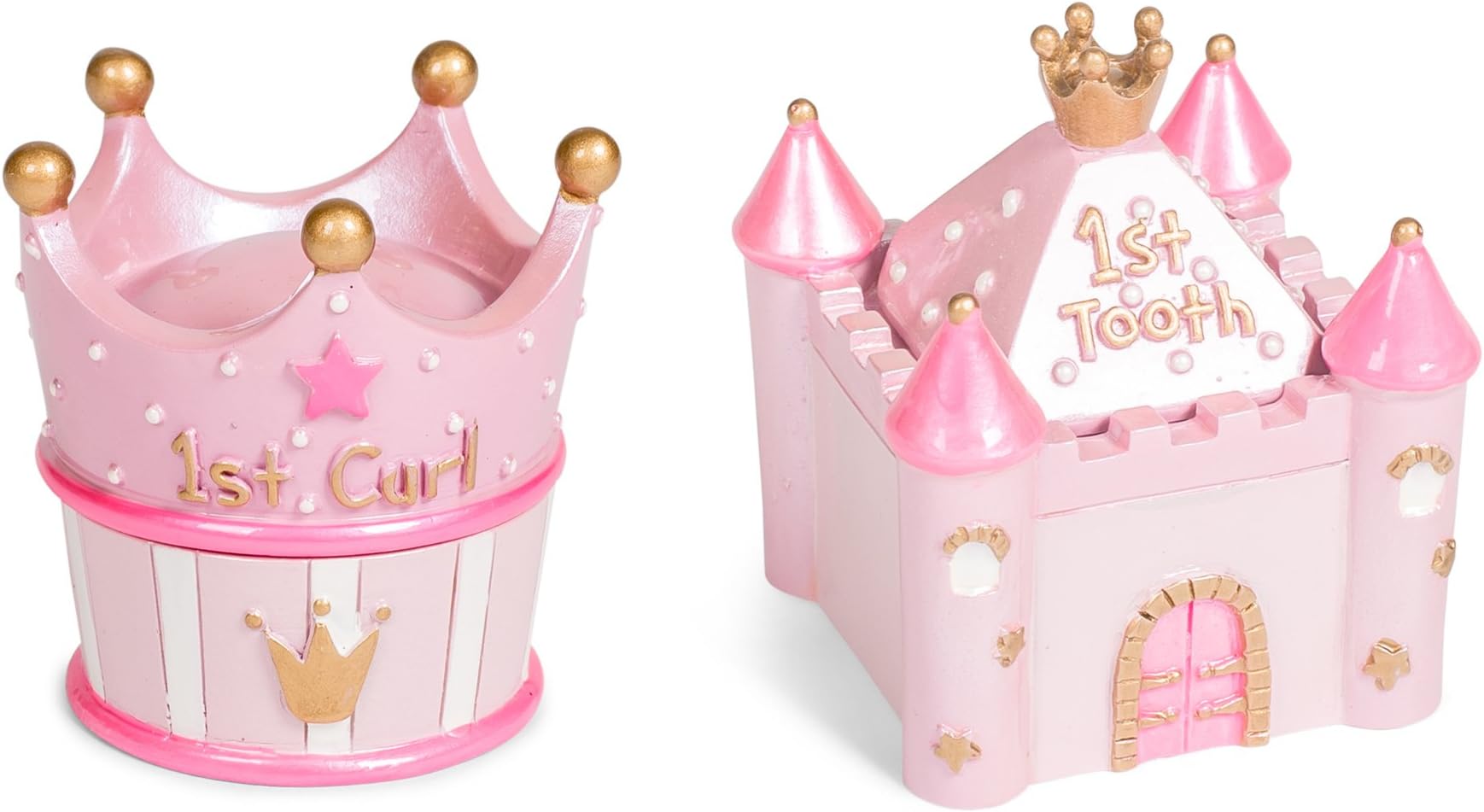 Pink Castle First Tooth and Curl 2 x 2.5 Inch Handpainted Resin Keepsake Box 2 Piece Set