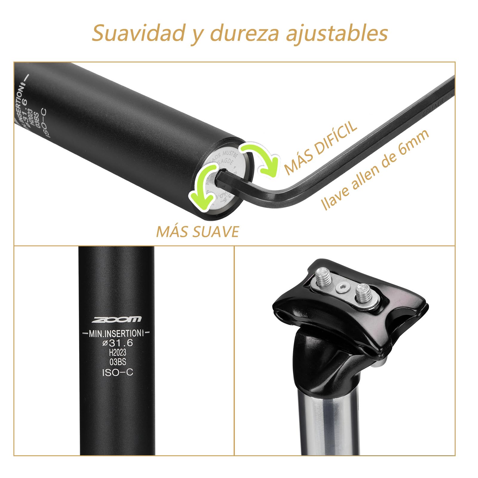 Bicicleta Tija de sillín Amortiguador, Tija de sillín Amortiguador de Muelle, Diámetro 27.2mm,30.9mm,31.6mm,para E-Bike,MTB,City Bike Tija de sillín Amortiguador de Muelle